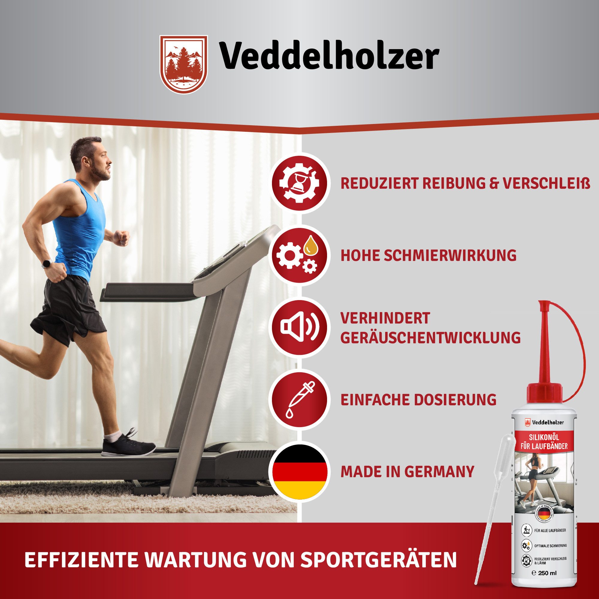 Veddelholzer Silikonöl 250 ml 100% reines Silikonöl Laufband mit Dosierkappe & Pipette, 250 ml, (für Zuhause Fitnessstudio Laufband Öl, universell für Laufband, Cross Trainer), Spinning Bike und andere Trainingsgeräte