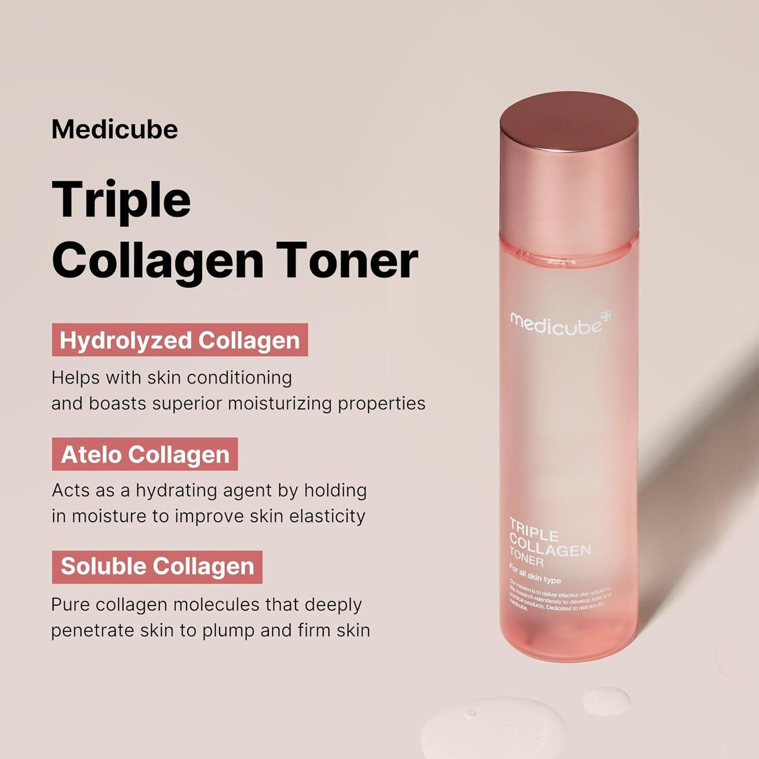 Medicube Toner Triple Collagen Toner 4.0, Gesichtstoner 140 ml, mit 3-fach Kollagen- Komplex Mehr Elastizität & Glow: Triple Collagen Toner polstert deine Haut sichtbar, auf koreanische Kosmetik, 3-fach Kollagen-Komplex, Glow-Effekt