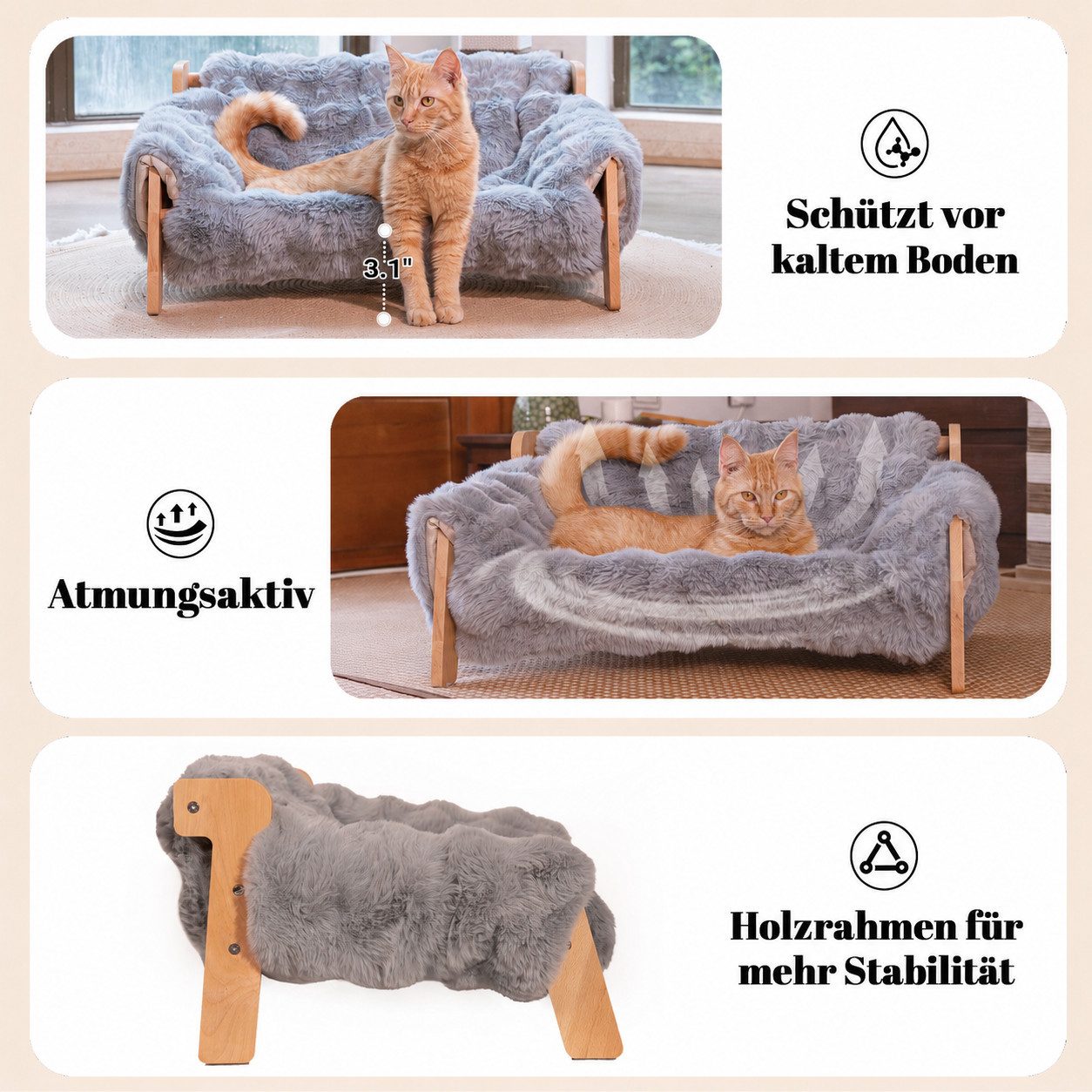 CheerPals Tierbett Erhöhtes Design aus stabilem Buchenholz für optimalen Liegekomfort, Polyesterfaser – Bild 4 von 5