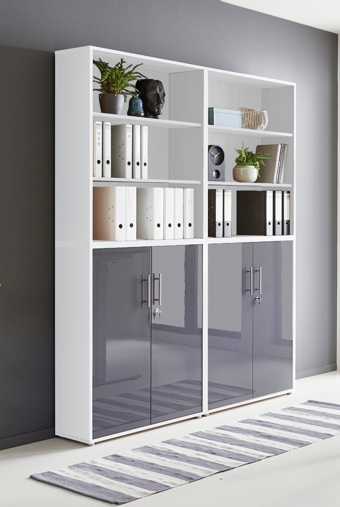 Set Mobili Ufficio Office Edition - 2 Scrivanie, Grigio Chiaro/Bianco Lucido