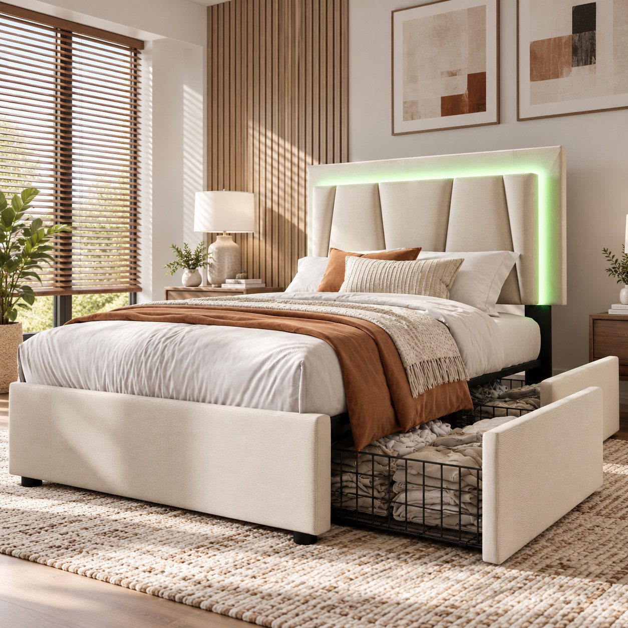 Flieks Polsterbett, LED-Beleuchtung Einzelbett 90x200cm mit 2 Schubladen