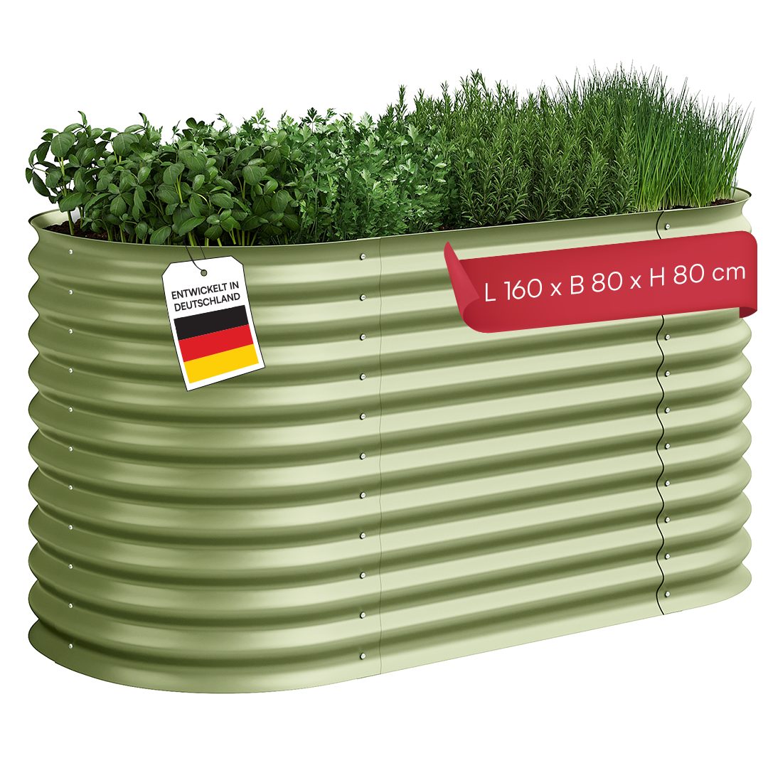 STEELSØN Hochbeet Hydra aus verzinktem Stahl-Wellblech (160 cm breit, Grün), Gemüsebeet mit offener Bodenstruktur