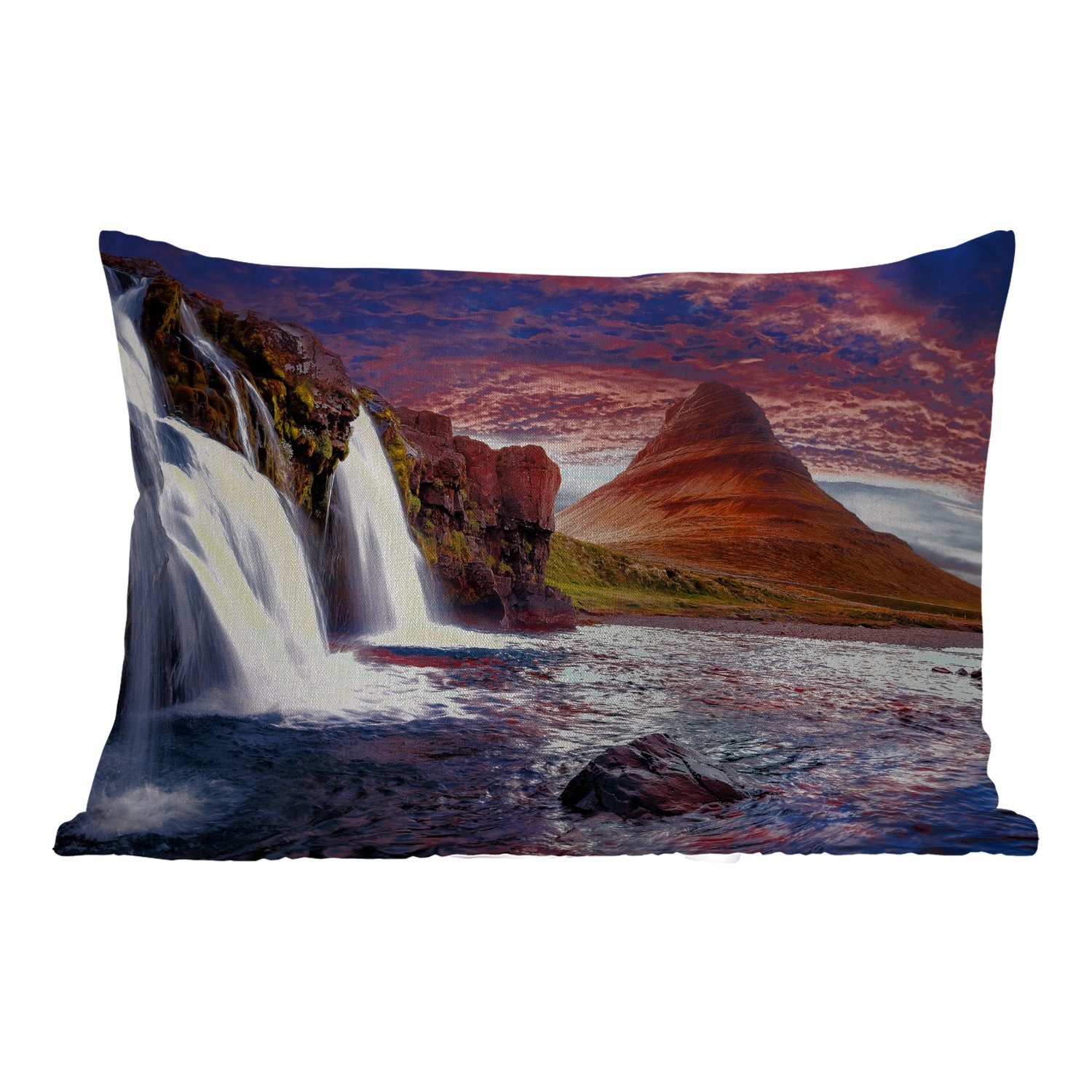 MuchoWow Dekokissen Wasserfall Rosa Landschaft, - Polyester, Berg - Wolken - Dekokissenbezug, Kissenhülle Outdoor-Dekorationskissen, 