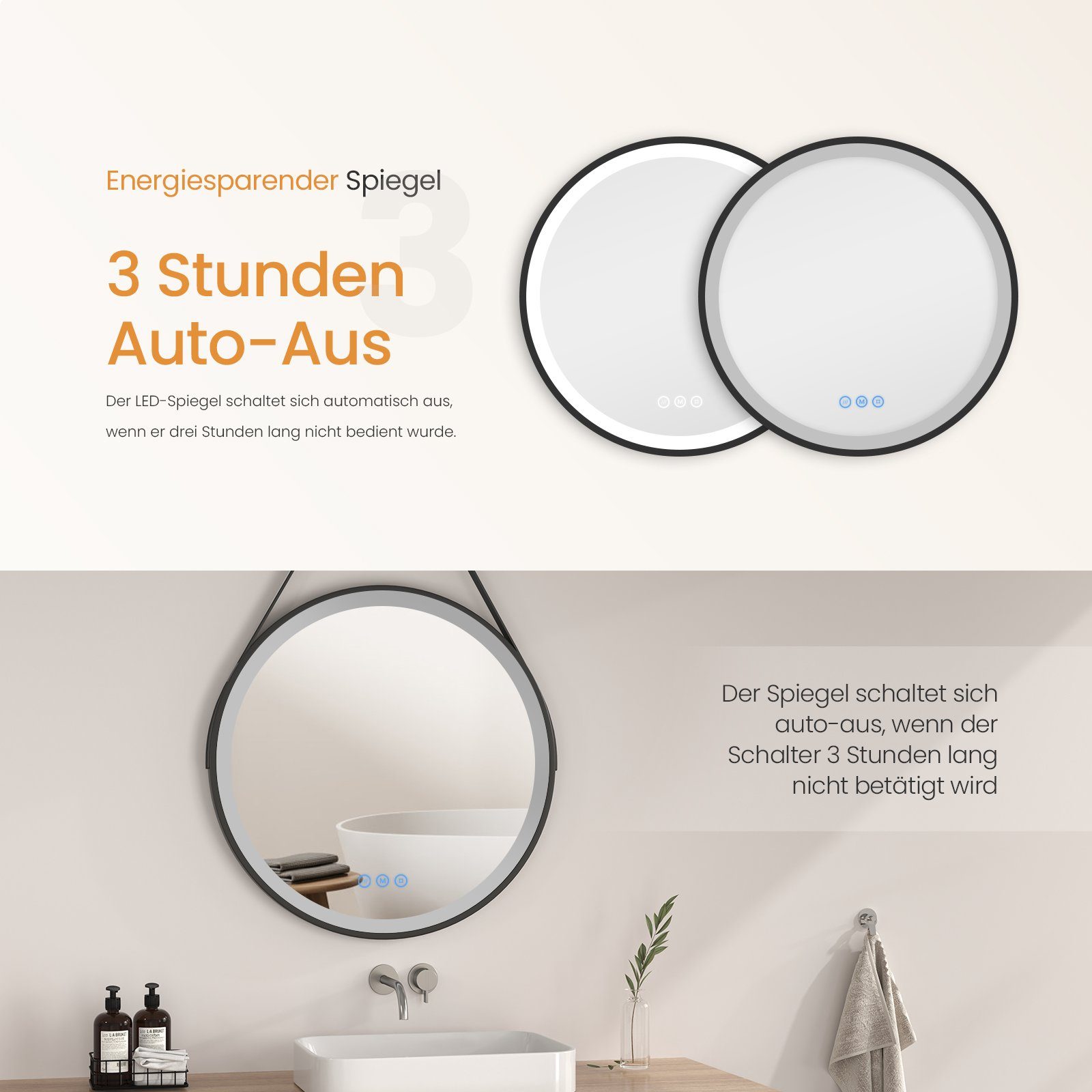 EMKE Badspiegel mit Beleuchtung Rund Badezimmerspiegel schwarzem Rahmen (50-80cm, Touchschalter), 3 Lichtfarben, dimmbar, Touch, Memory, mit Antibeschlag, IP44 – Bild 5 von 5