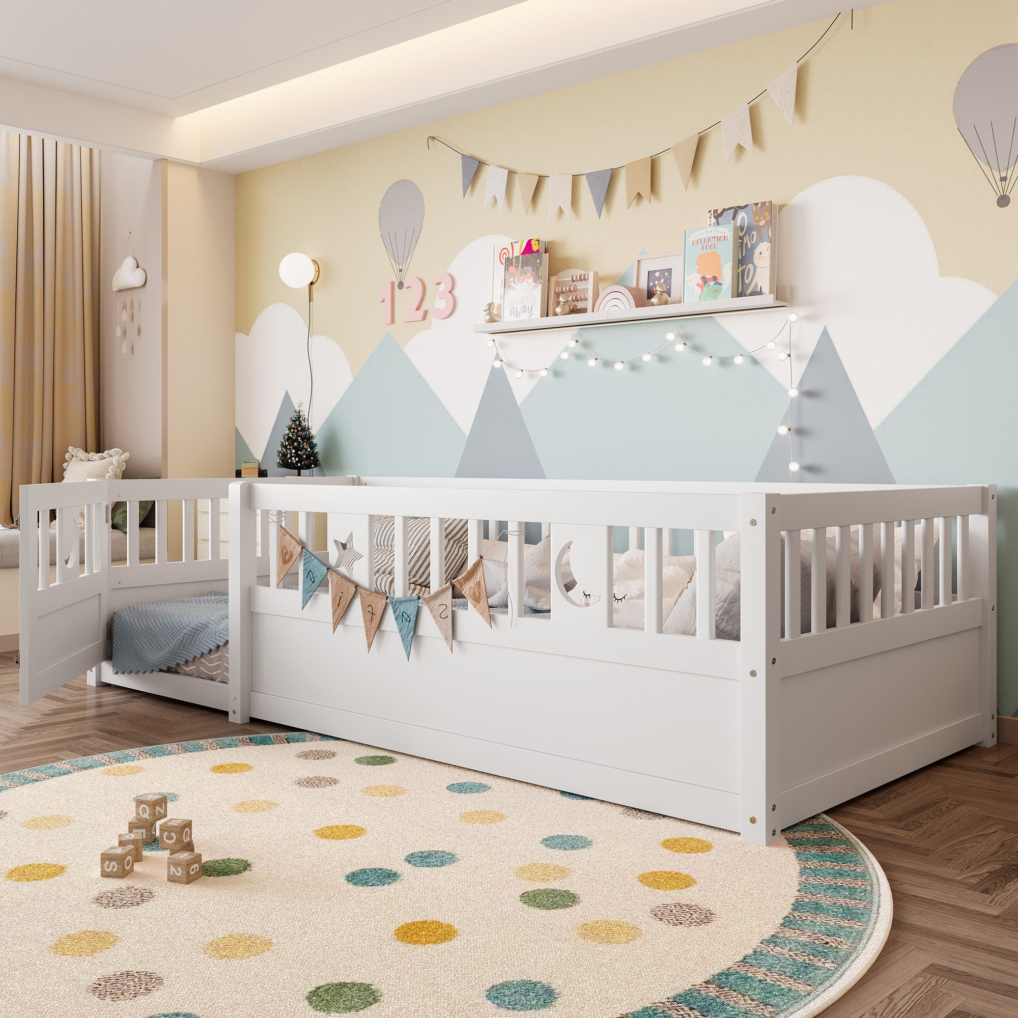 Flieks Kinderbett, Bodenbett Massivholzbett 90x190cm mit Gitter und Lattenr günstig online kaufen