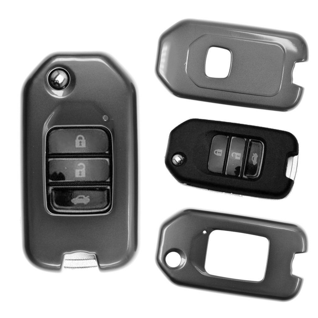 mt-key Schlüsseltasche Autoschlüssel Hardcover Schutzhülle Metallic Grau, Honda Civic Jazz CR-V HR-V NSX Klappschlüssel