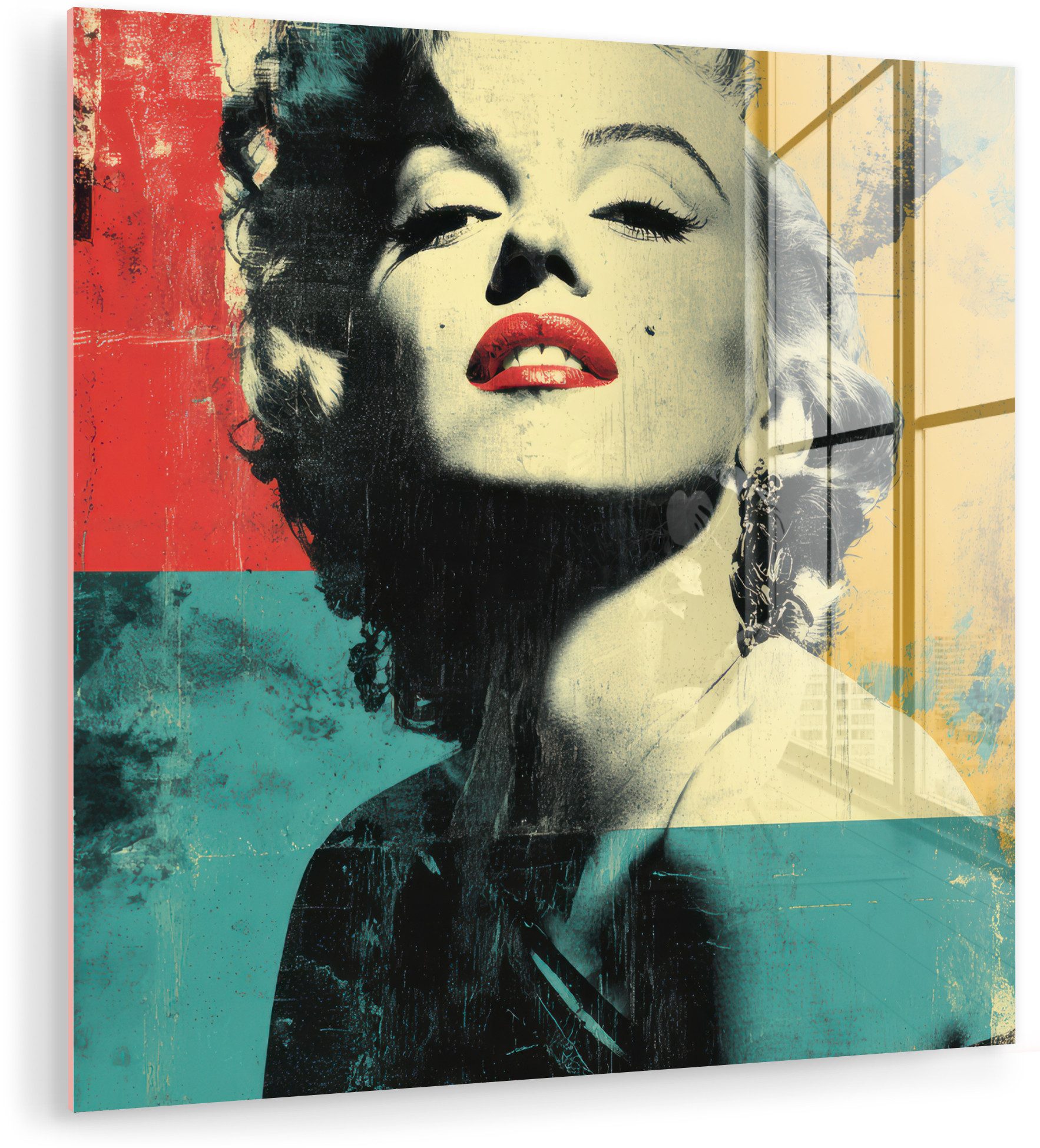 MuchoWow Acrylglasbild Frau - Rote Lippen - Abstrakte Farbfelder - Pop-Art-Stil, Inkl. Aufhängung, Bilder auf Glas Wandbild, Wanddeko Wohnzimmer Badezimmer, 20x20 cm