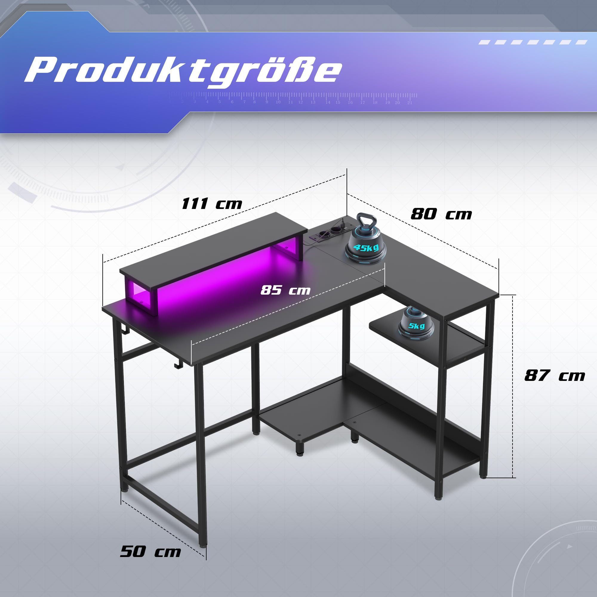 DEVAISE Computertisch Gamingtisch 111/120/140 x 80 cm Computertisch, L-förmiger Schreibtisch (Packung, Tablett mit Ständer), Computertisch mit LED, 2 USB und 2 AC-Steckdosen, für Büro