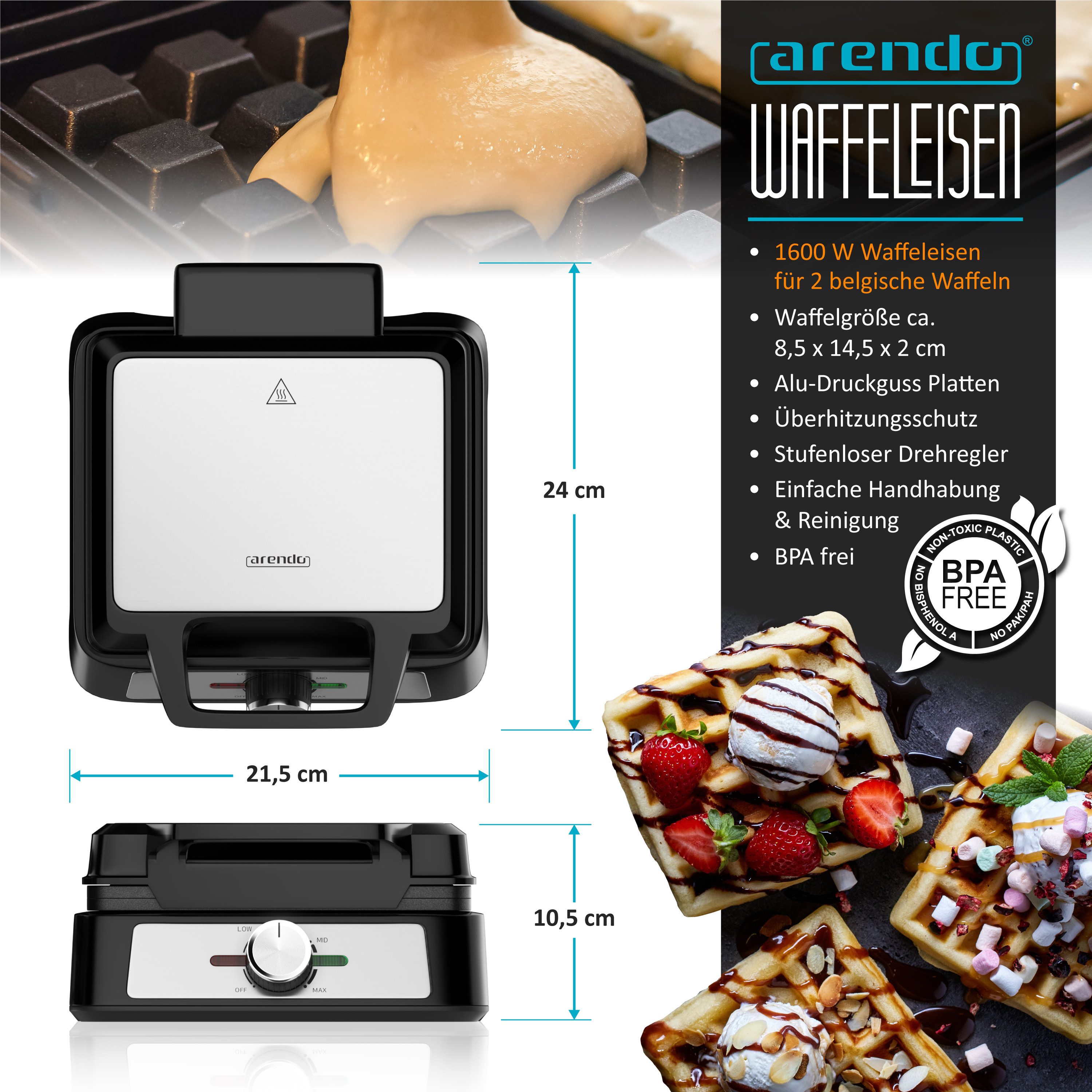 Arendo Waffeleisen Waffelautomat doppelt für belgische Waffeln mit Antihaftbeschichtung, 1600 W, Stufenloser Bräunungsregler, Antihaftbeschichtung & Backampel