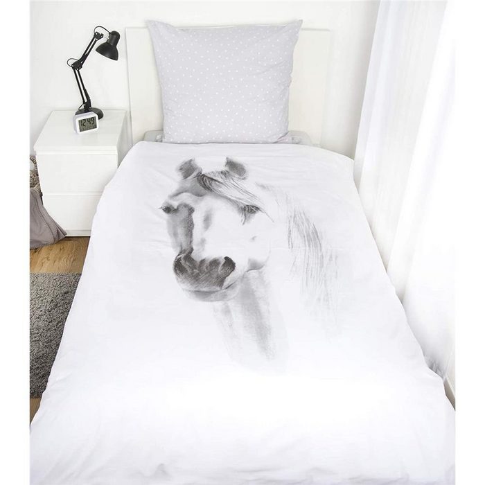 Bettwäsche Pferd Bettwäsche 80x80+135x200 cm Herding weiß Bettbezug Kissenbezug Baumwolle atmungsaktiv OR10439