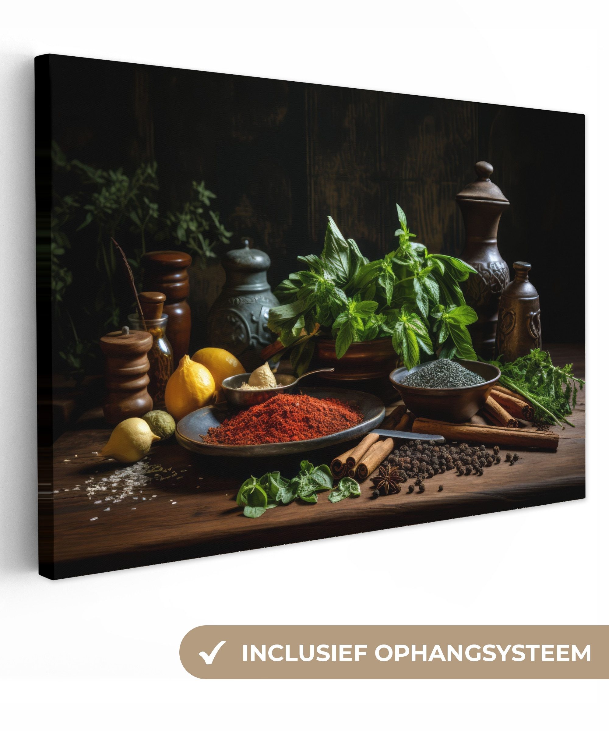 OneMillionCanvasses® Leinwandbild Kräuter - Stilleben - Gewürze - Schwarz, Fotodruck (1 St), Wandbilder für Esszimmer, Wanddeko Bilder Küche, 30x20 cm
