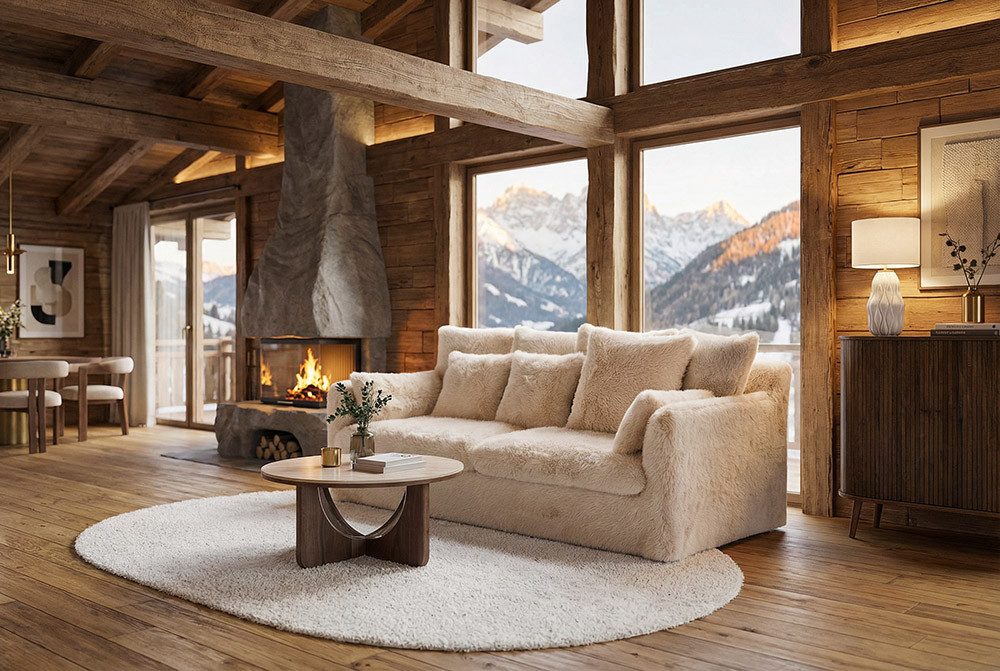 riess-ambiente 3-Sitzer YETI 200cm beige/sand - langfloriger Plüsch Shaggy-Stoff, Rundumbezug, Einzelartikel 1 Teile, Flauschige Couch - ideal für trendy & cozy Wohnräume und Urban Lofts