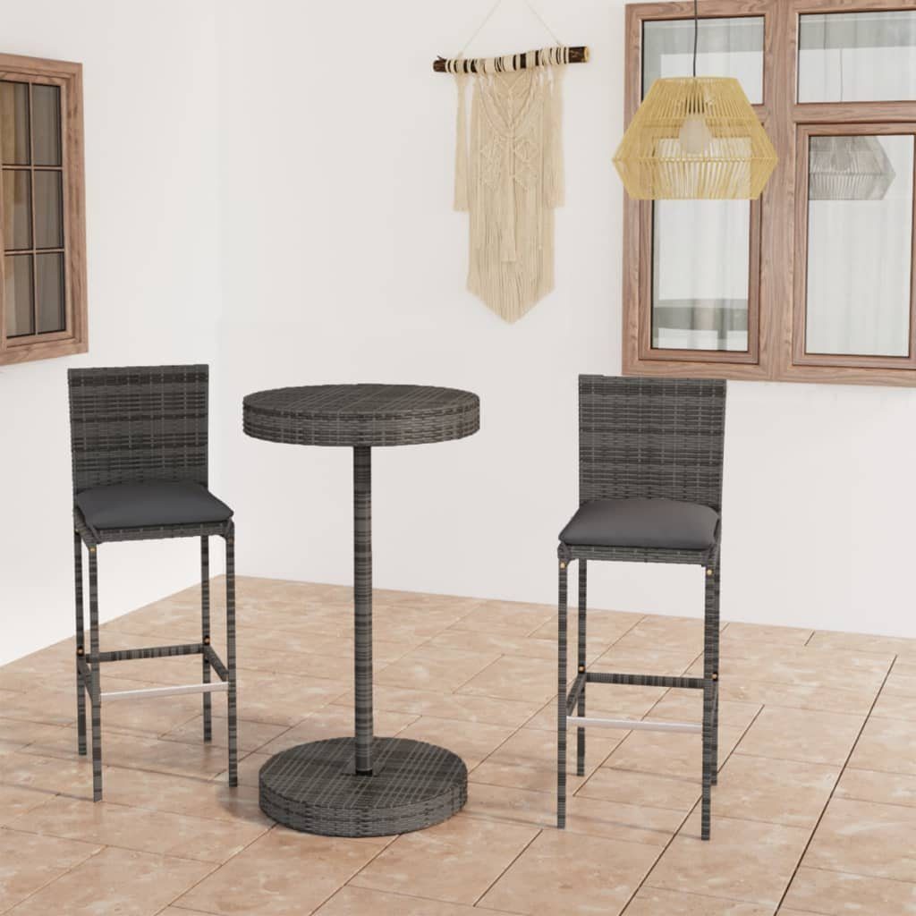 vidaXL Gartenlounge-Set 3-tlg. Gartenbar-Set mit Kissen Poly Rattan Grau, (2-tlg)