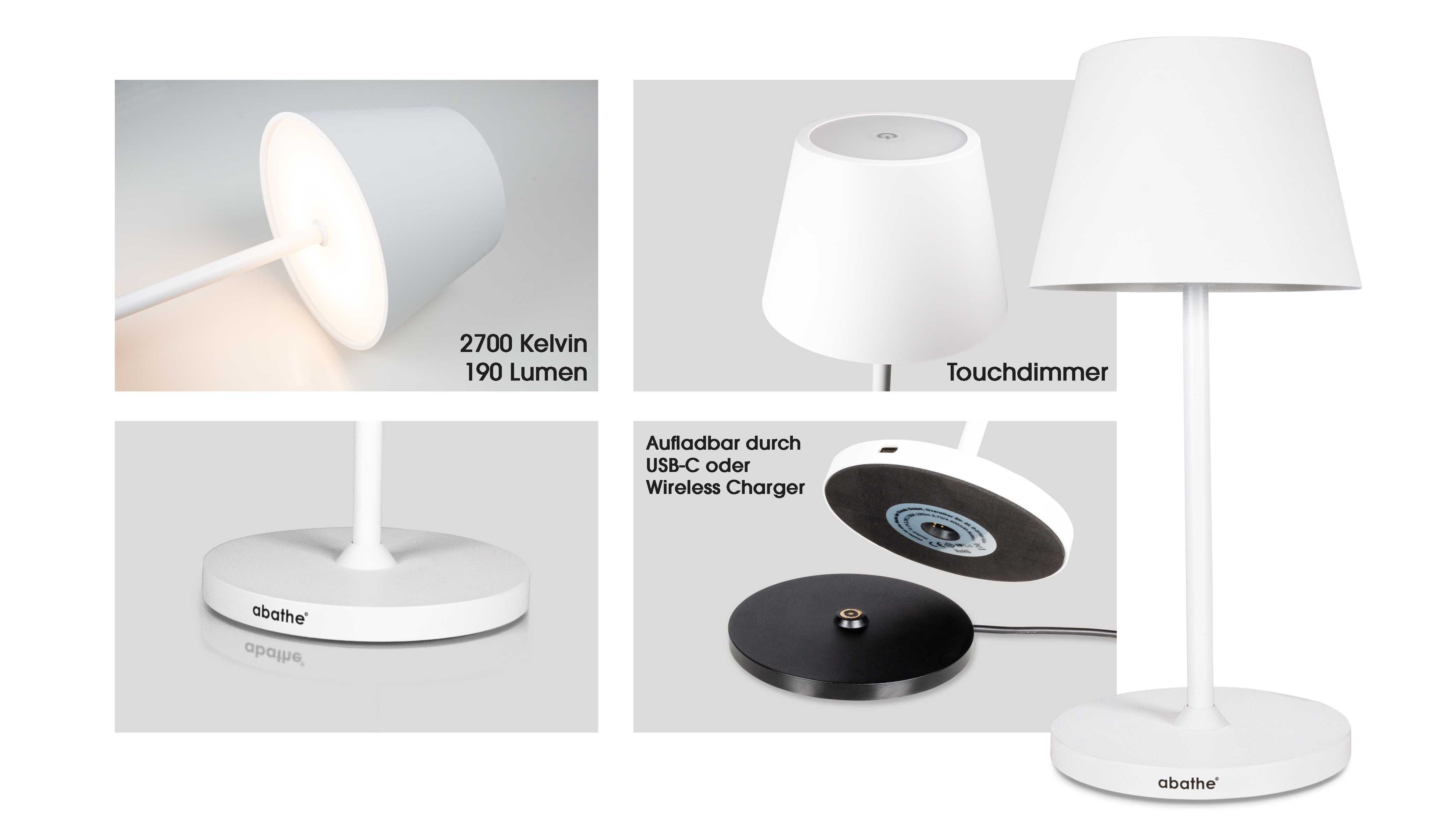 abathe USB-Tischleuchte abathe LED Akku Tischleuchte round mit Ladestation weiß, dimmbar, aufladbar, sichtfreie Höhe von 25cm, IP54, Ladestation, 2700K