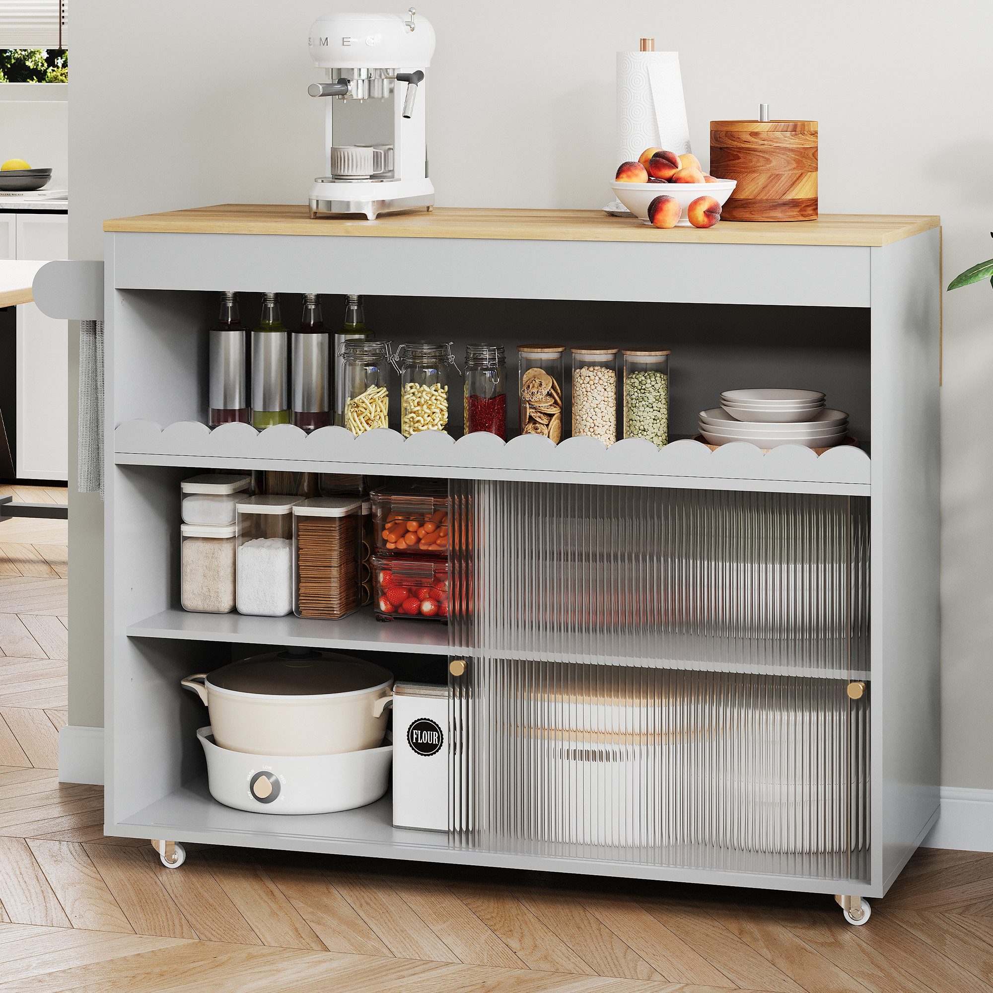 i@home Kücheninsel Organizer für Küche & Terrasse, (klappbar, Eichenfurnier-Platte, Glas-Schiebetüren, verstellbare Einlegeböden), Servierwagen auf Rollen 122 x 46(69) x 91cm, für Buffet & Party