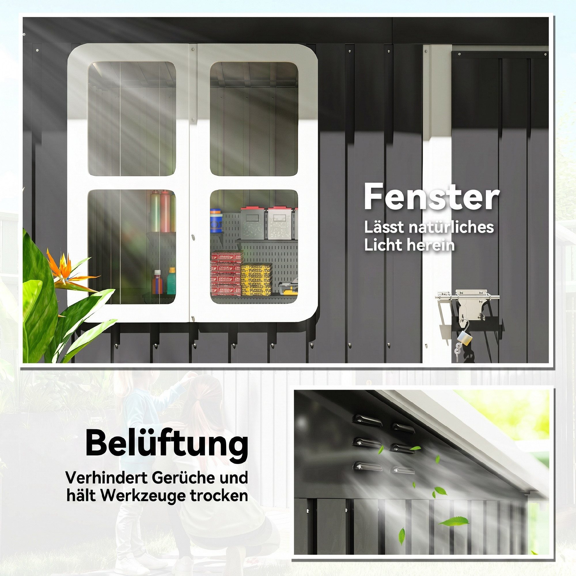 Outsunny Gerätehaus Gartenhaus mit Pultdach, Geräteschuppen mit Abschließbar Tür, BxT: 211x133 cm, (Gartenhaus, 1 St., Geräteschuppen), aus Stahl, für Hinterhof – Bild 5 von 5