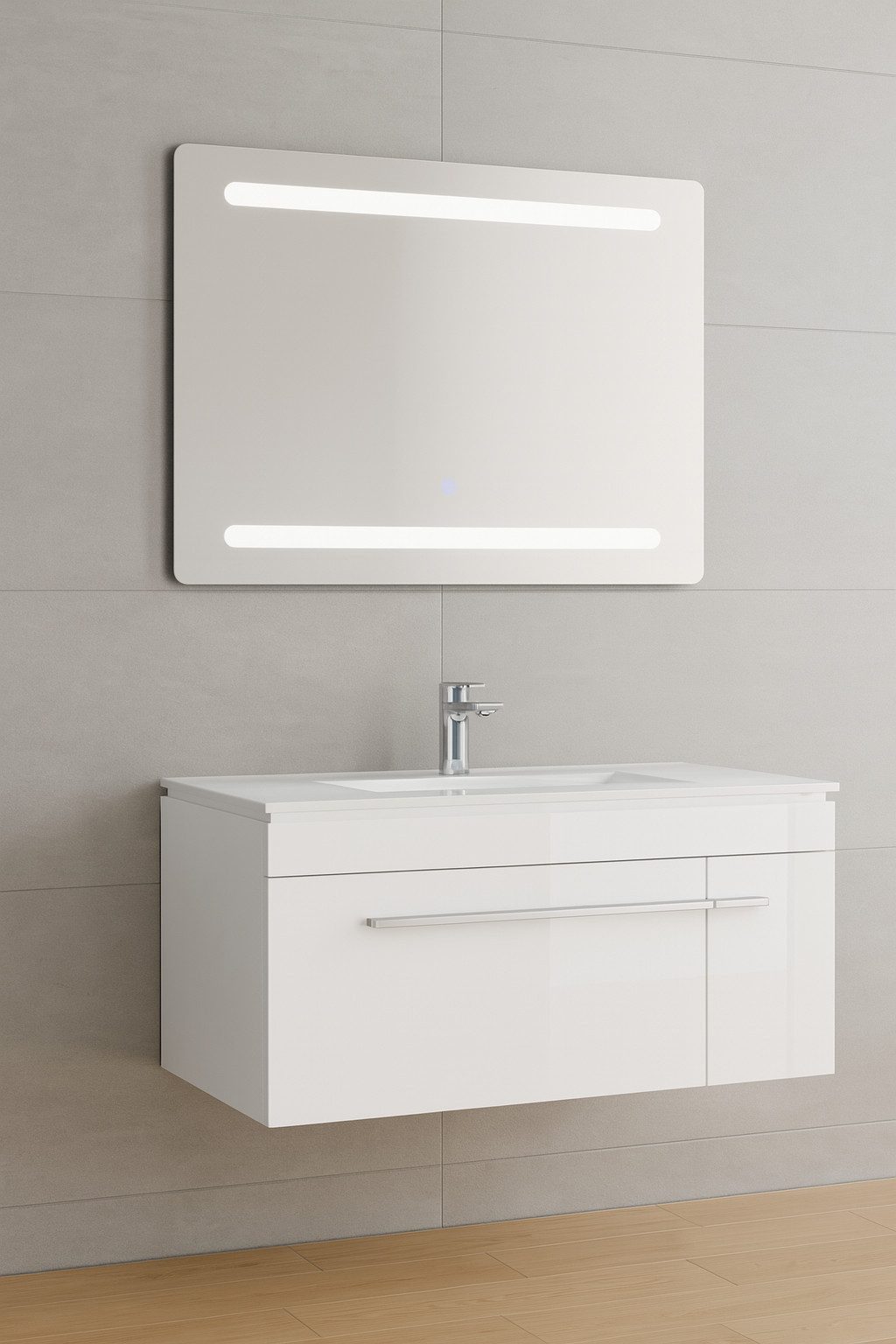 Faizee Möbel Badmöbel-Set Badezimmer-Set Bademöbel Set, (Komplett-Set, 2-St), LED-Spiegel mit Touch Badmöbel-Set VORMONTIERT Hochglanz lackiert