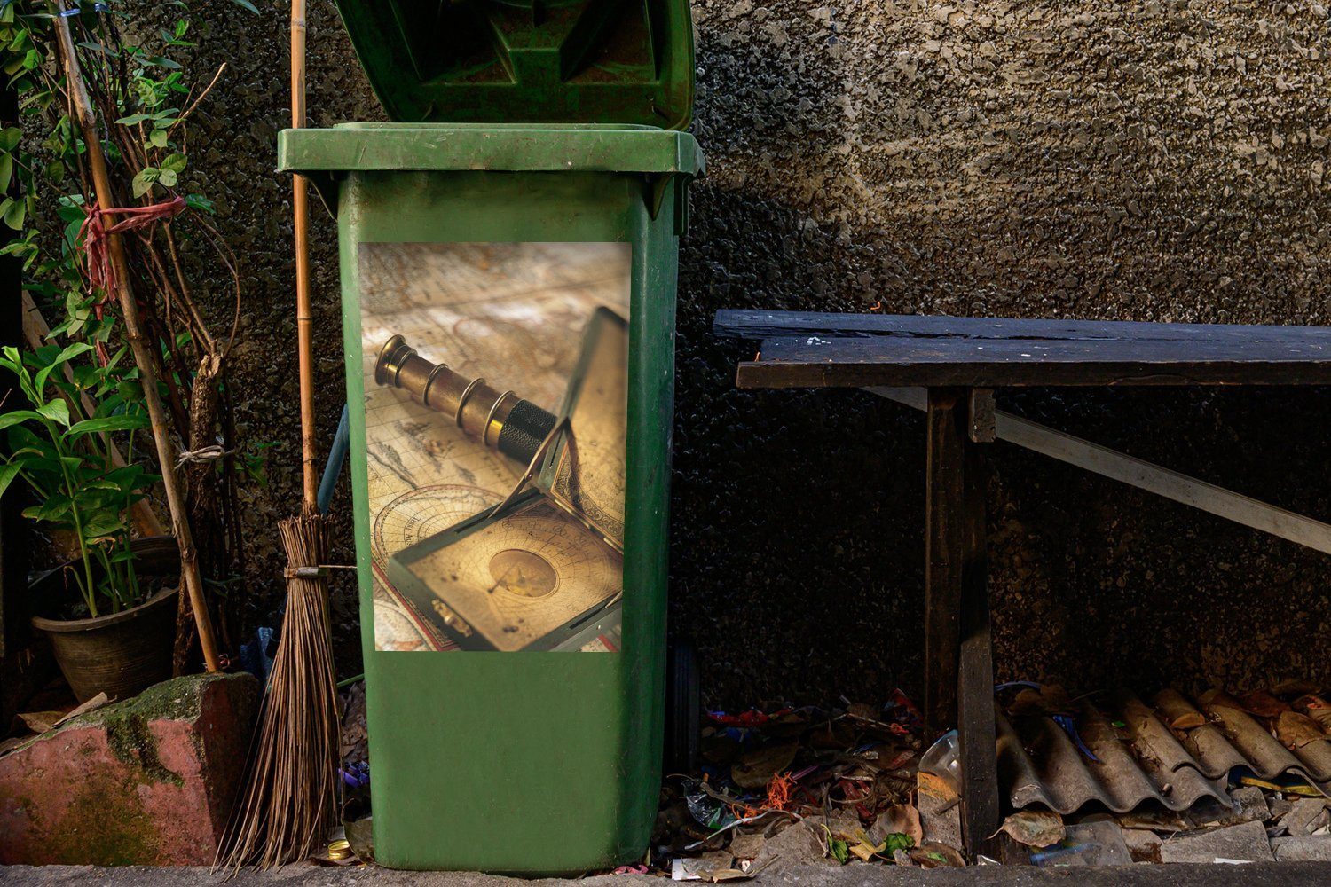 Weltkarte Container, Vintage MuchoWow St), Abfalbehälter Mülltonne, Wandsticker Kompass Teleskop Sticker, und auf Mülleimer-aufkleber, (1