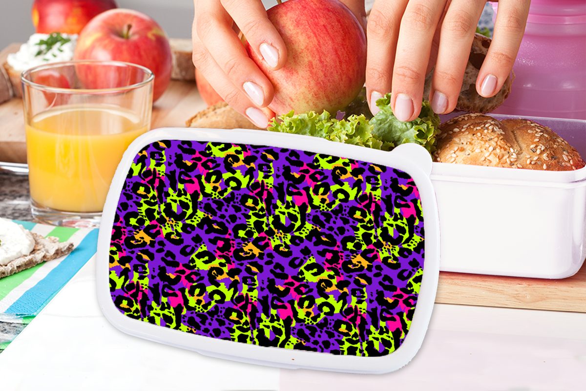 MuchoWow Lunchbox Brotbox - Mädchen Kinder (2-tlg), - für weiß Lila Pantherdruck Brotdose, Kunststoff, für Neon - und Erwachsene, Gelb, und Jungs