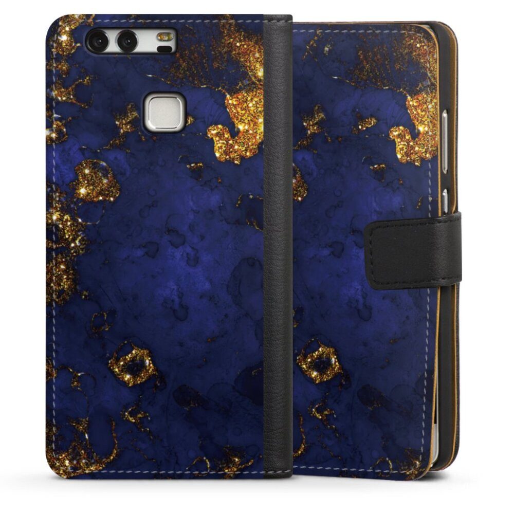 DeinDesign Handyhülle Marmor Gold Utart Blue and Golden Marble Look, Huawei P9 Hülle Handy Flip Case Wallet Cover Handytasche Leder