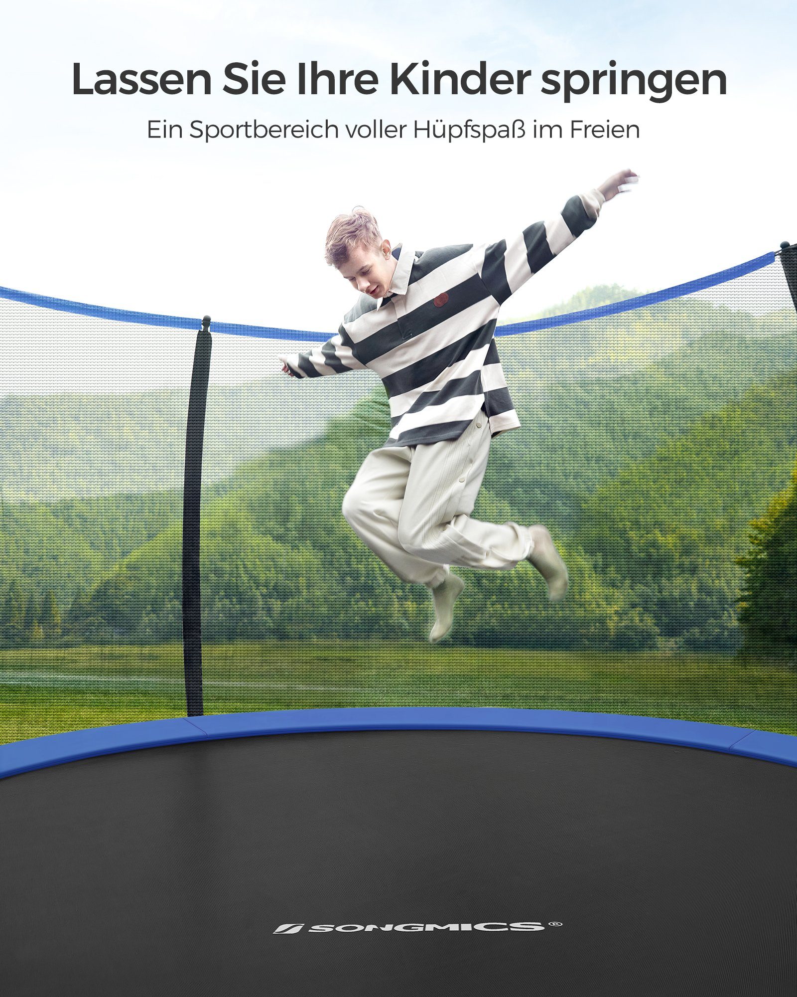 SONGMICS Gartentrampolin Ø 244/305/366/427 cm, Ø 427 cm, bis zu 80-150 kg belastbar, Trampolin mit Leiter und Sicherheitsnetz