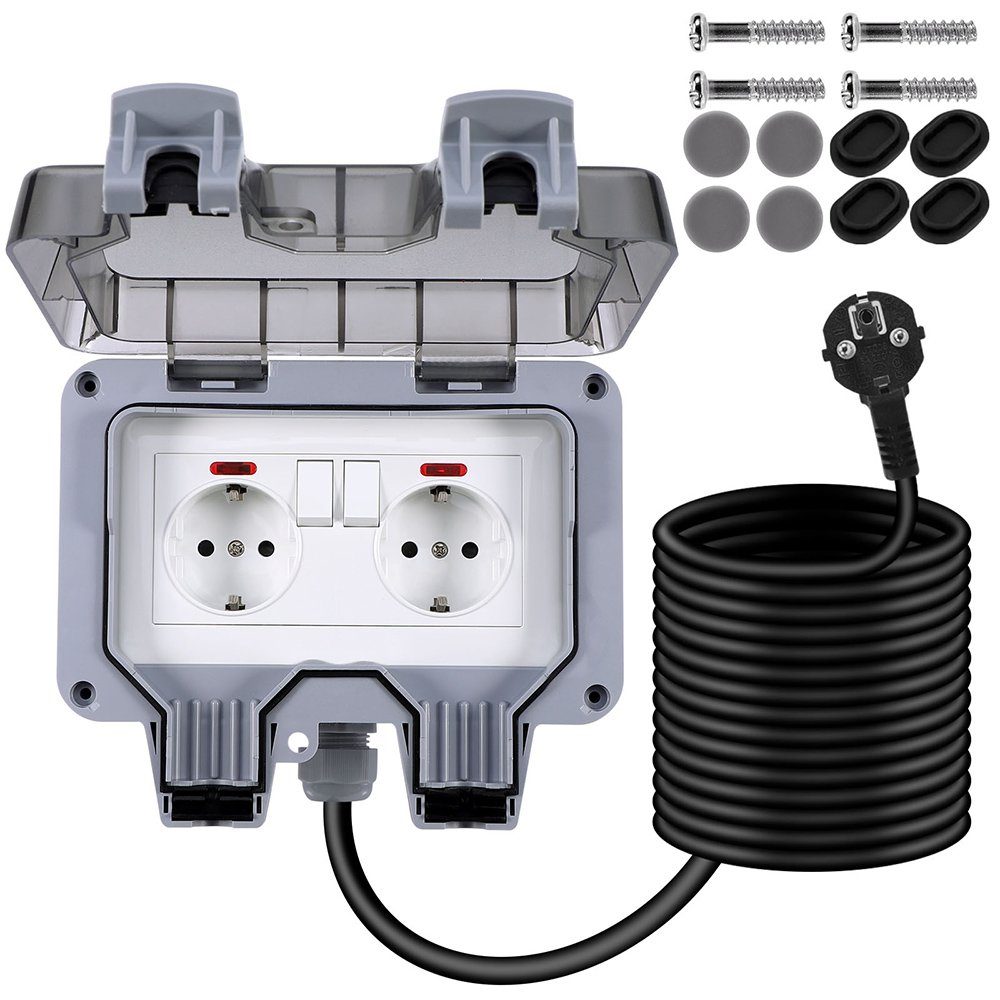MUPOO Gartensteckdose Außensteckdose Steckdose Garten IP66 Wasserdicht Mit 3/6/10M Kabel