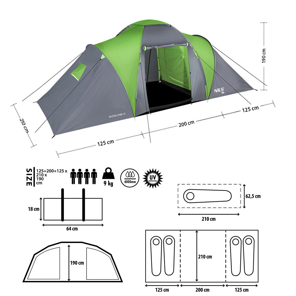 NILS CAMP Kuppelzelt Campingzelt großes Zelt "Highland IV" Grau/Grün, Personen: 4