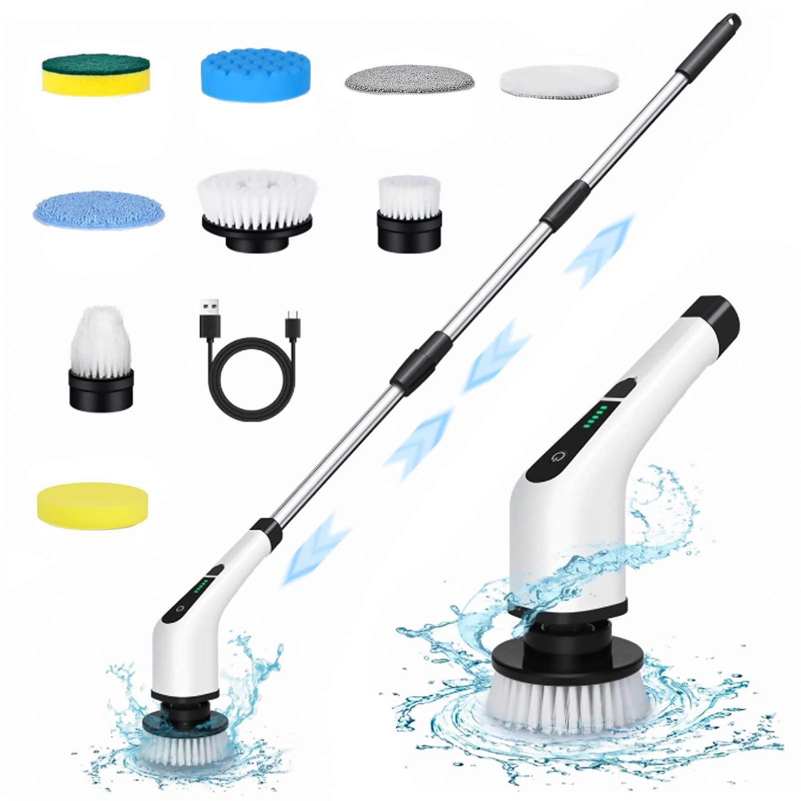 Fine Life Pro Elektro-Oberflächenbürste 9 in 1 Elektrische Reinigungsbürsten-Set mit Verlängerungsgriff, Set, mit 9 austauschbaren Bürsten für Toilette, Badewanne, Küche, Boden