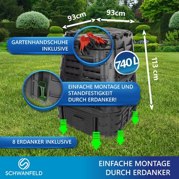 Schwanfeld Thermokomposter 740l Premium Thermokomposter - [GERUCHSDÄMMENDER KOMPOSTER GARTEN], (inkl. Schutznetz - hochwertiger Komposter Schnellkomposter wetterfest - einfache Montage/Robustes Material)