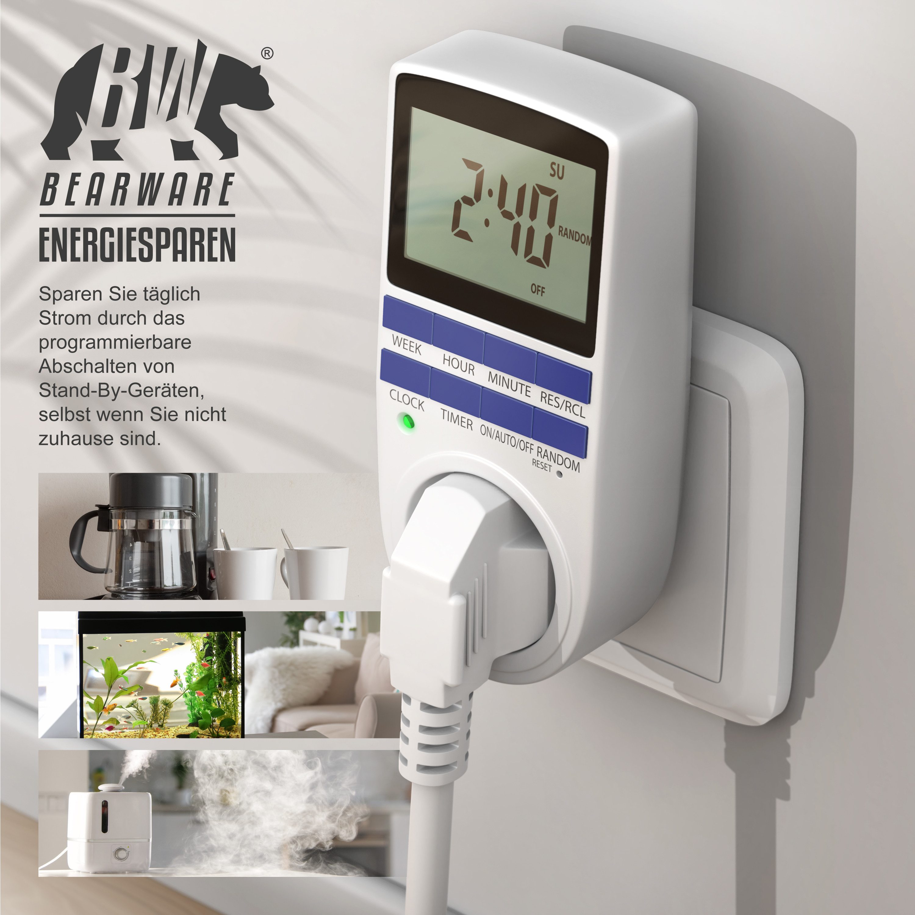 BEARWARE Zeitschaltuhr digital, 2,1" LCD-Display, max. 3680W, 10 Programme, Zufallsschaltung, 1-St., Back-Up Reserve-Batterie und integrierter Berührungsschutz