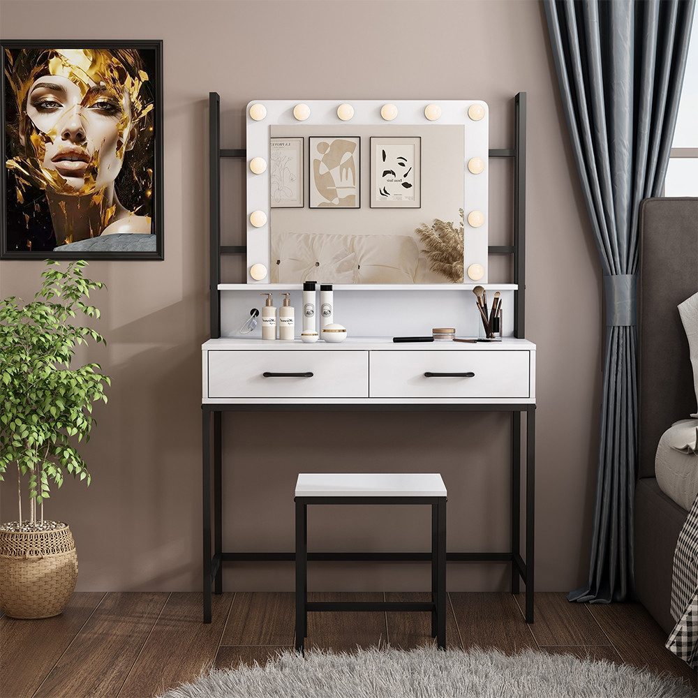 Vicco Schminktisch Luvia, Weiß/Schwarz, 90 cm mit LED-Beleuchtung und Hocke günstig online kaufen