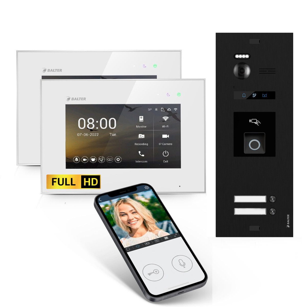 Balter Video-Türsprechanlage BALTER HD WLAN Türsprechanlage FP/RFID EVO 2-Familienhaus Schwarz Weiß (Set, 2-Familienhaus, Komplettset, Full HD 175° Kamera, Fingerprint, RFID)