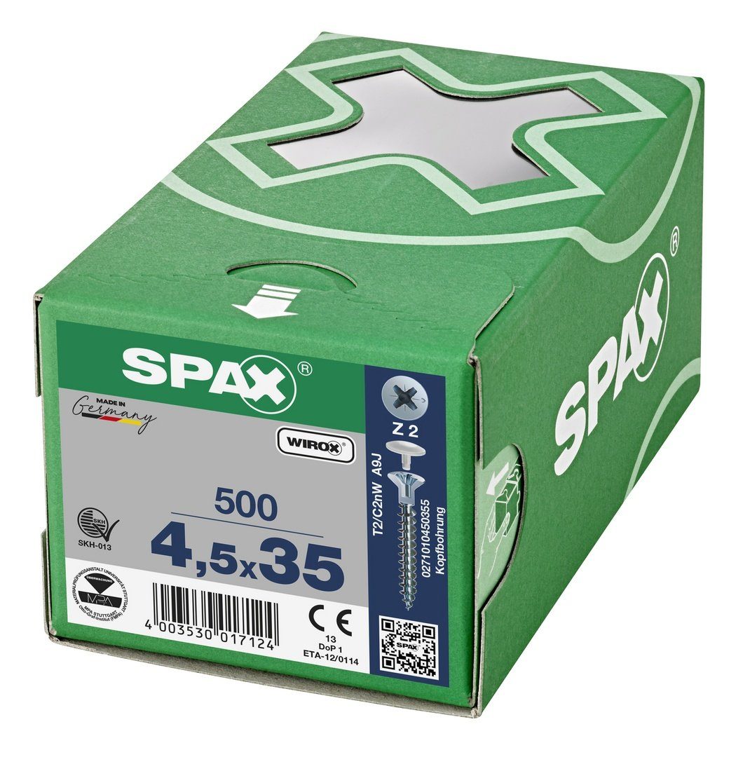 4,5x35 500 mm SPAX mit (Stahl Universalschraube Spanplattenschraube Kopfbohrung, St), verzinkt, weiß
