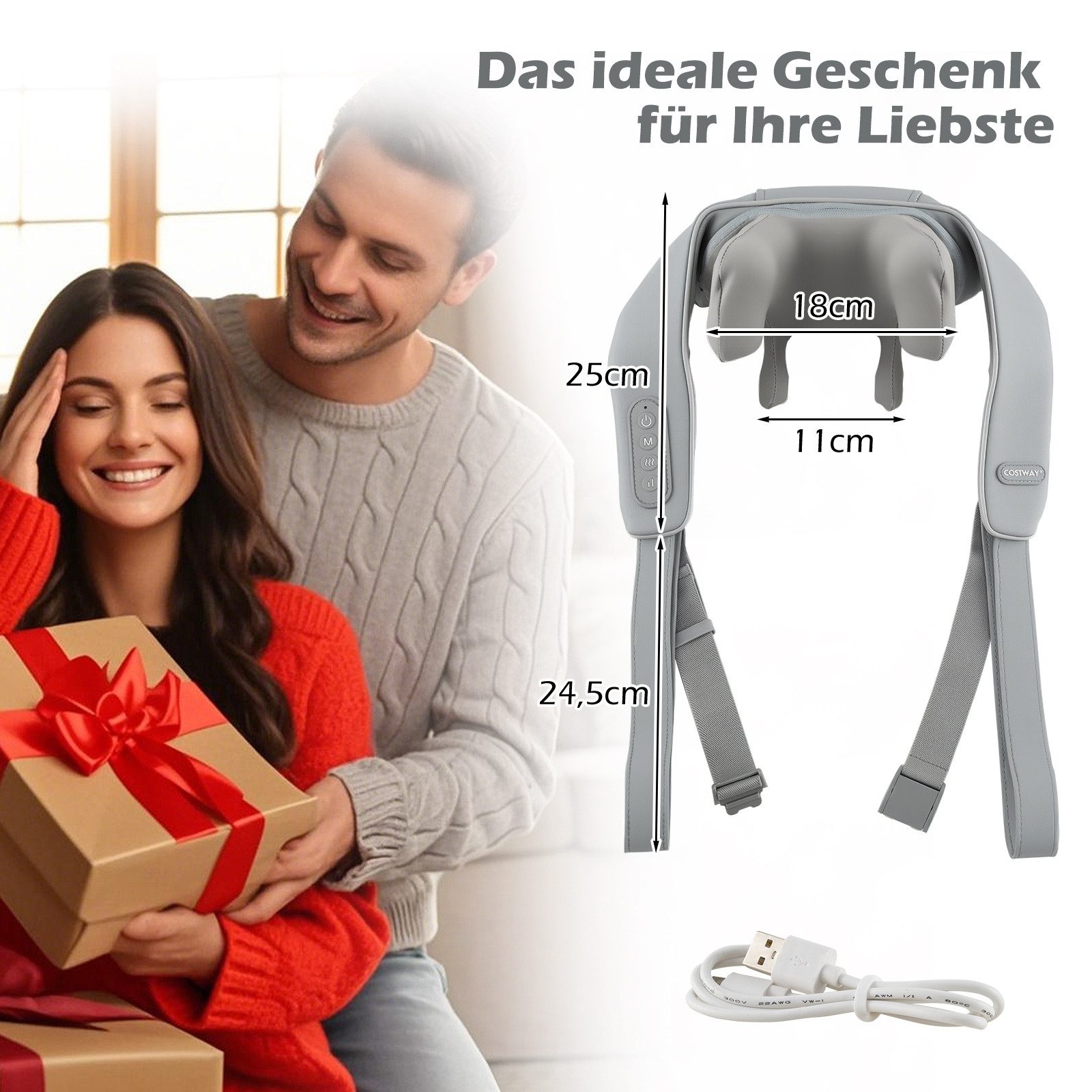 COSTWAY Nacken-Massagegerät, 4D Shiatsu mit Tiefengewebekneten & 2 Heizstufen