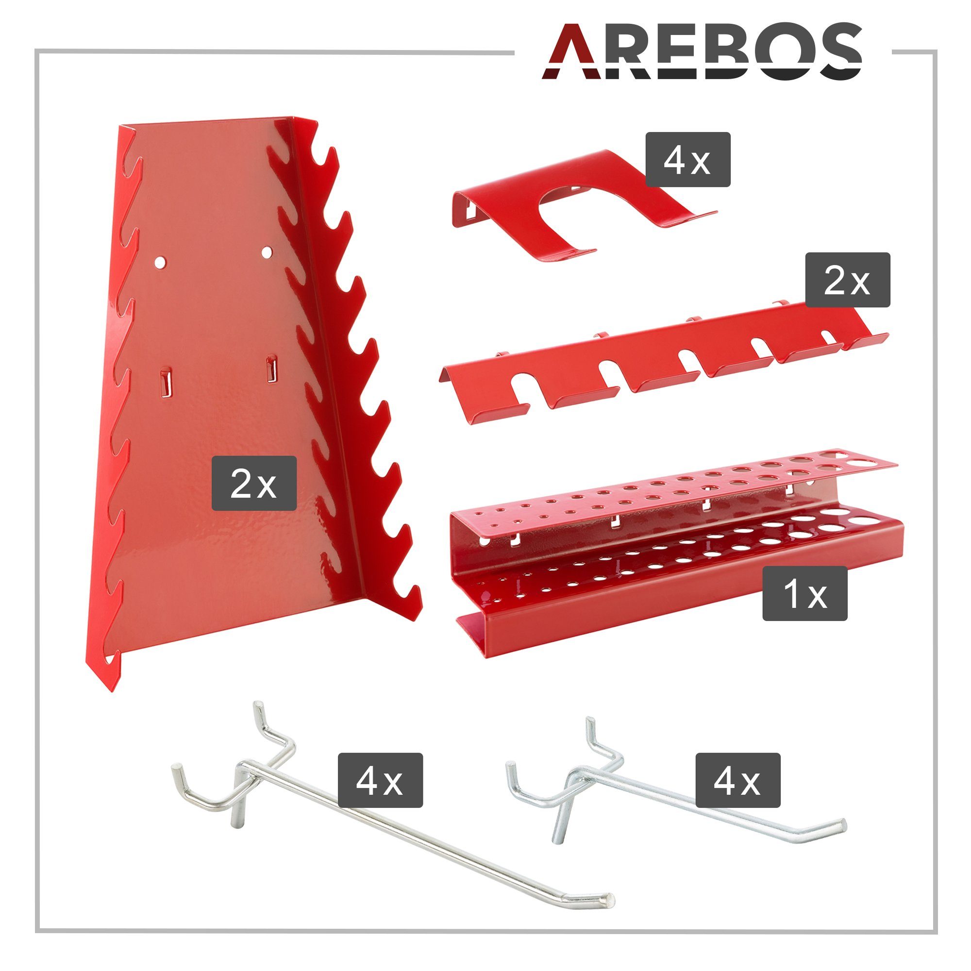 Arebos mit dreiteilig, 17 Werkzeugwand Lochwand 3 Rot/Blau, Stk., (Set) Haken, Hakenset Schwarz/Rot 17-teiliges