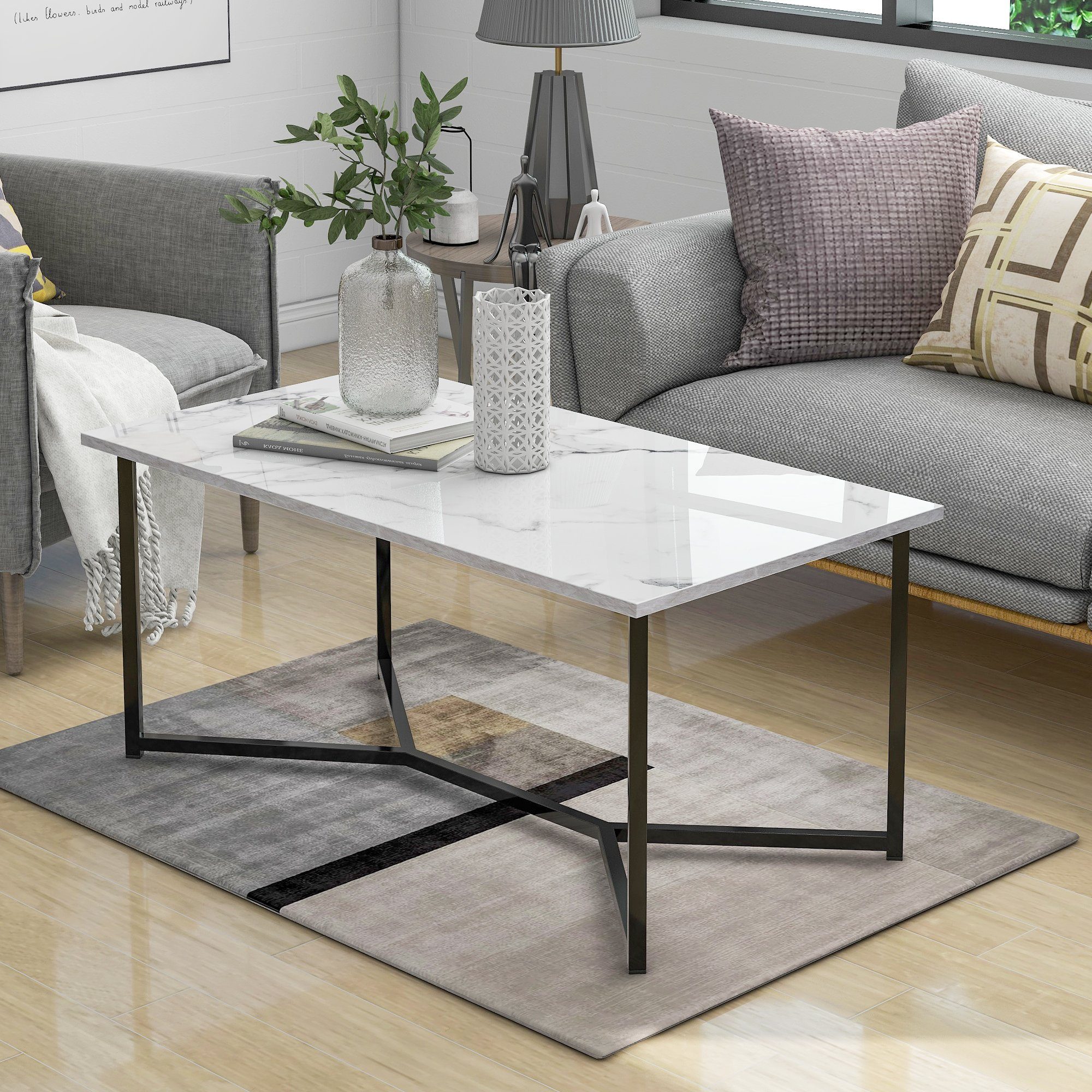 Merax Couchtisch, Marmor-Optik mit Metallrahmen, Beistelltisch, günstig online kaufen