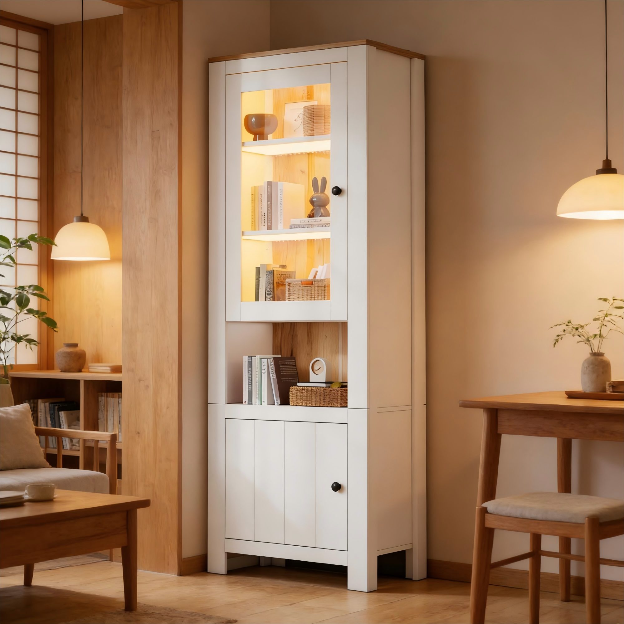 Merax Standvitrine Glasvitrine Hochschrank mit LED-Beleuchtung (1-St) Vitrine Wohnzimmerschrank mit 2 Türen und 6 Einlegeböden, 70x40x188cm – Bild 3 von 5