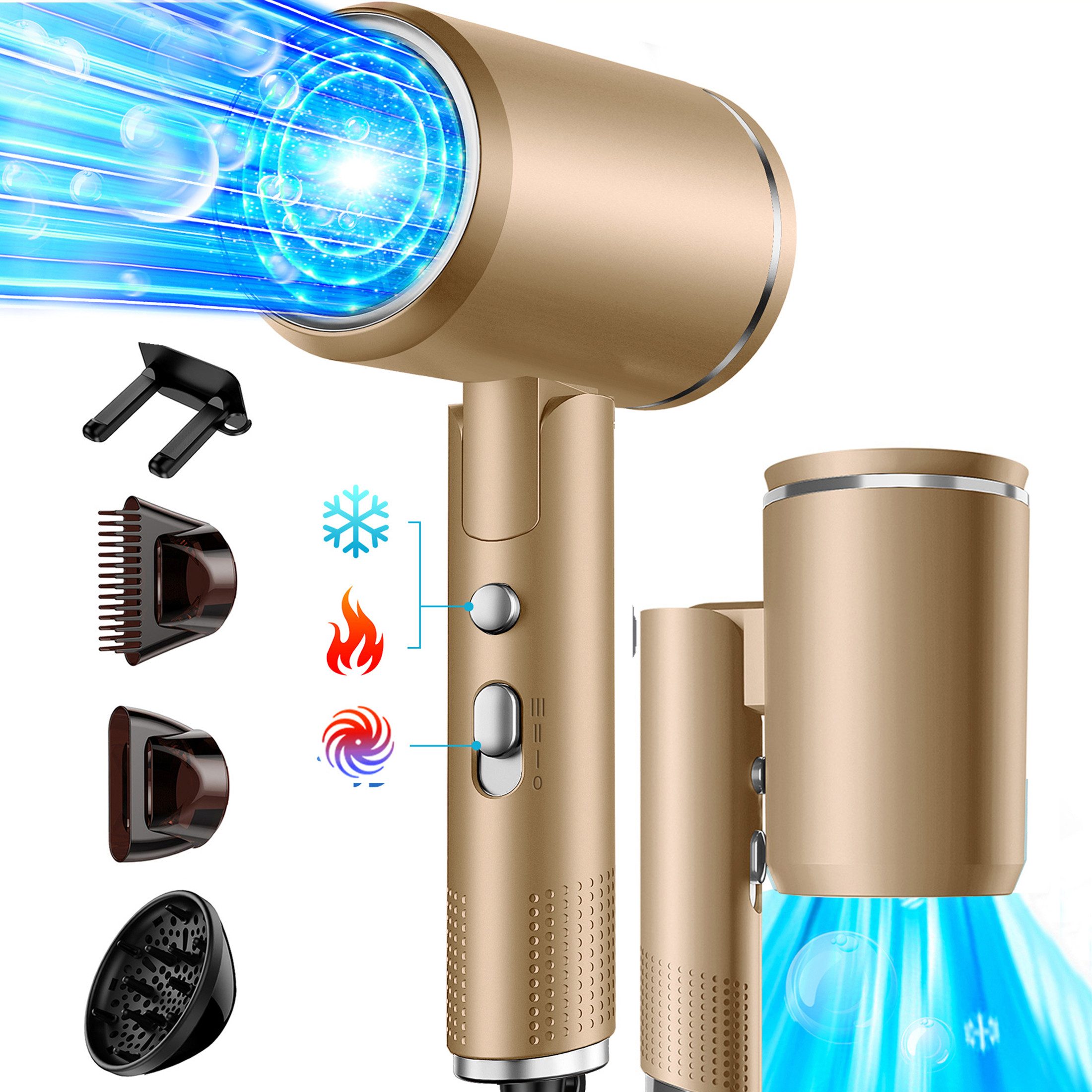 OYLCDI Фены Ionen,klappbar,Schnelltrocknen Hair Dryer,Elektrischer Фены, 2400 W, mit 3 Stylingdüsen & 6 Temperatureinstellungen,Klappbar Фены, Hairdryer Frisuren Zubehör Reisehaartrockner