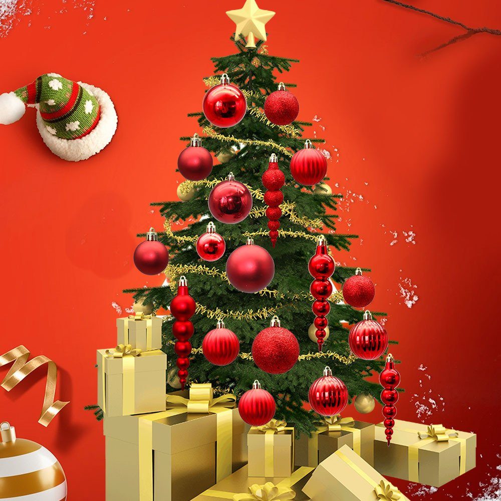 St),Weihnachtskugel-Set Rouemi Weihnachtsbaumschmuck Rot (60 Weihnachtsbaumkugel mit Baumspitze