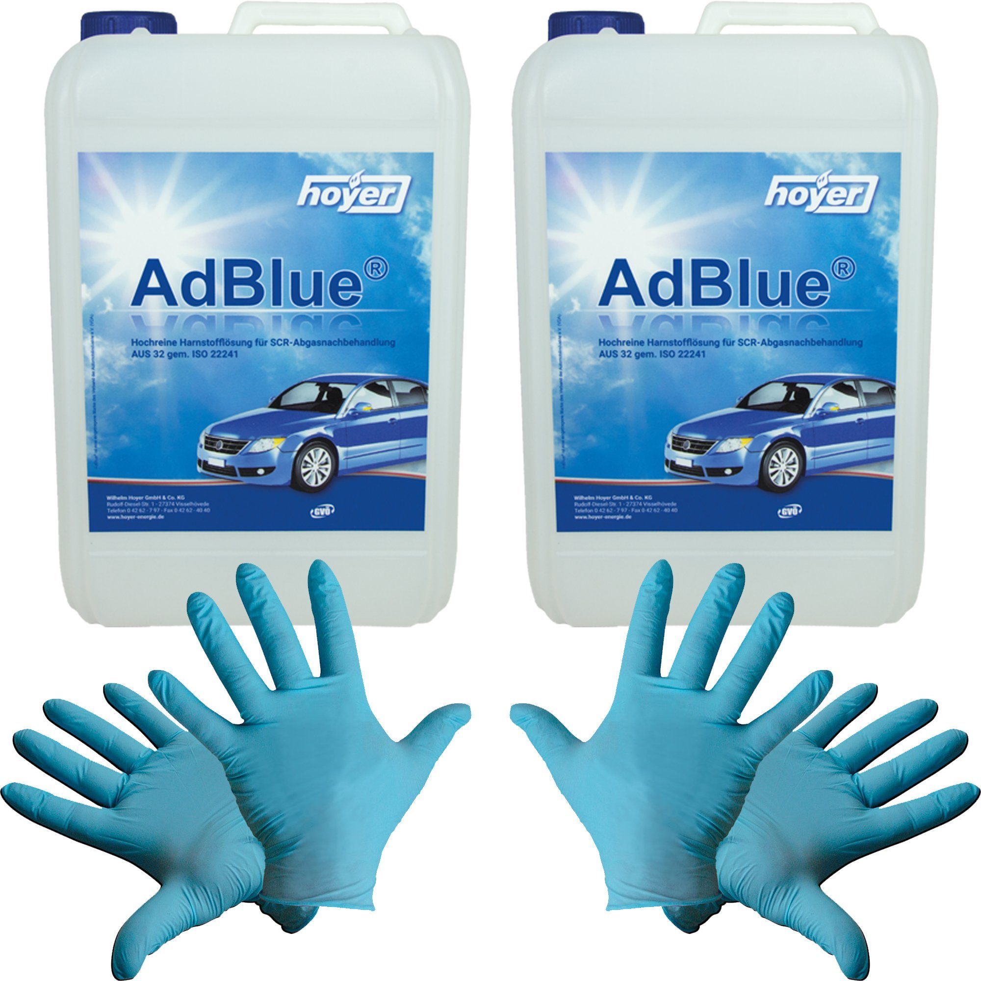 Hoyer Kanister 2x AdBlue® inkl. Ausgießer 10 L + 2 paar Einweg Nitril-Handschuhe (1 St)