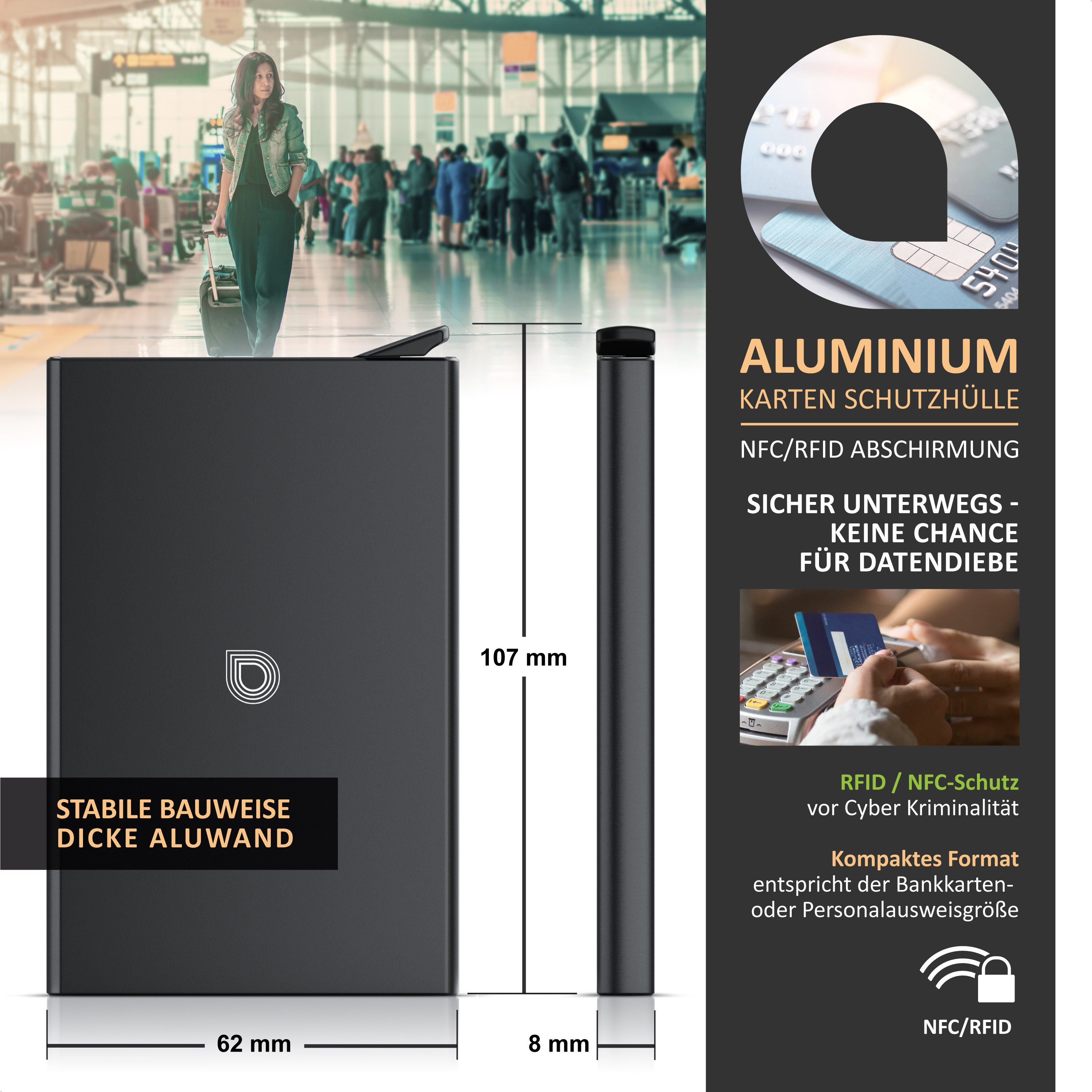 Aplic Kartenetui Kartentresor aus Aluminium, kompakt und stabil, sichere Aufbewahrung, Karten Schutzhülle aus Alu für 6 Karten NFC / RFID Abschirmung Blocker