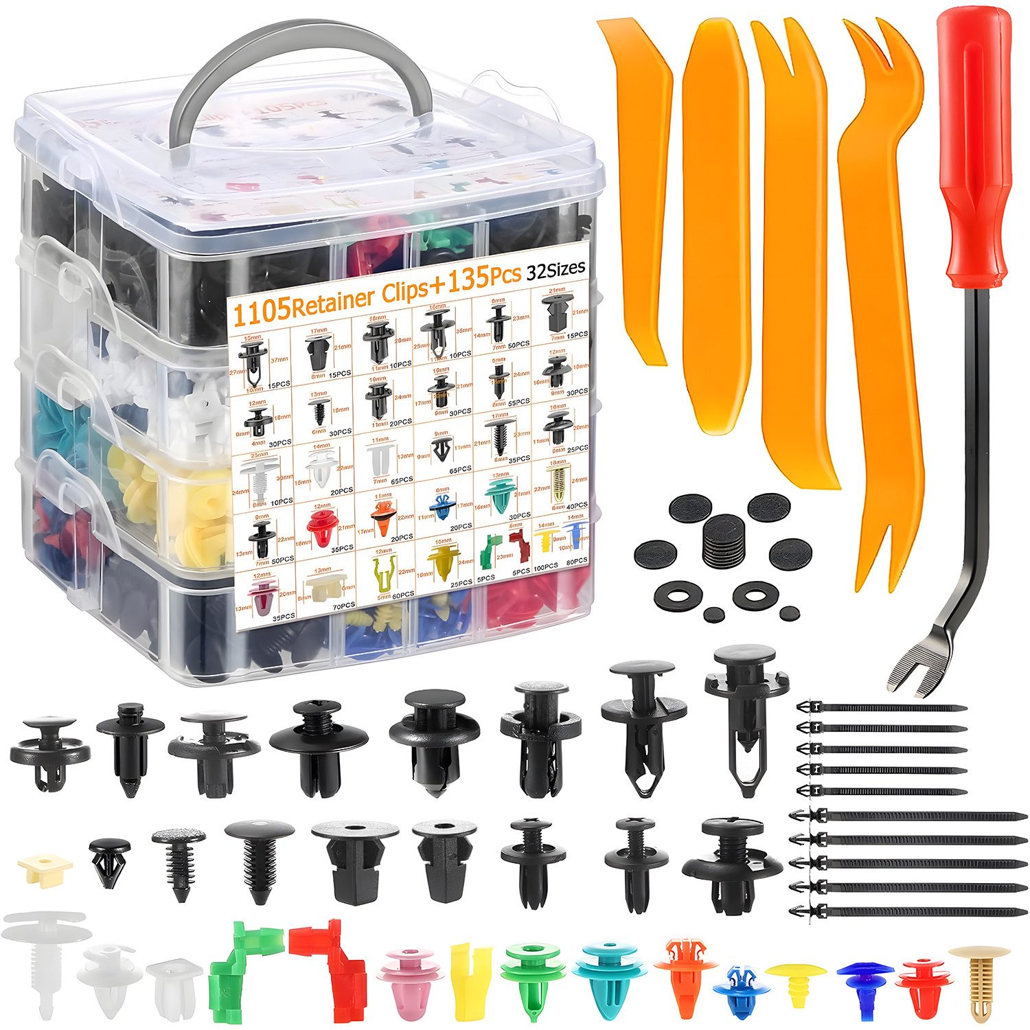 HEYHIPPO Schrauben- und Dübel-Set Auto-Clip-Set 1240-teilig, 32 Sorten – Nylon für Stoßstange & Tür, (Spar-Set, 1240 St., 32-teiliges Auto-Clip-Sortiment, für Stoßstange & Verkleidung), Universelles Befestigungsclip-Set für Auto – inkl. Ausbauwerkzeug