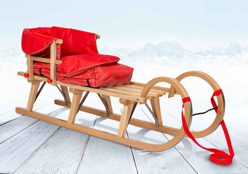 Rodelberg Hornschlitten Rodelberg® Hörner-Schlitten Holz 115 cm, Zuggurt, Lehne, Fußsack Rot