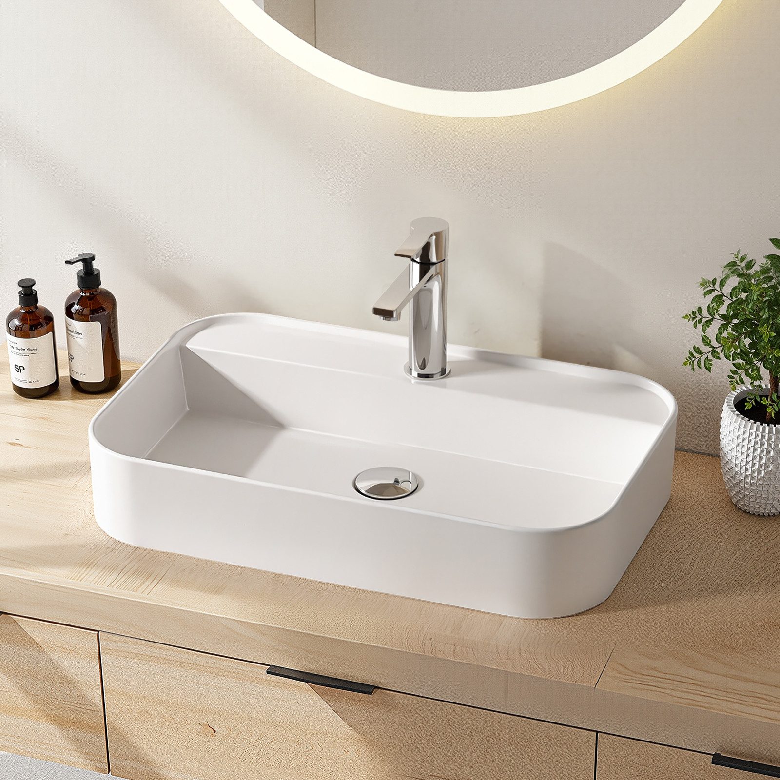 EMKE Aufsatzwaschbecken Eckiges Keramik KeramikAufsatzwaschbecken Hängewaschbecken 60cm x 40cm (Packung), mit hahnloch aufsatzwaschbecken groß - 50x40cm Weiß