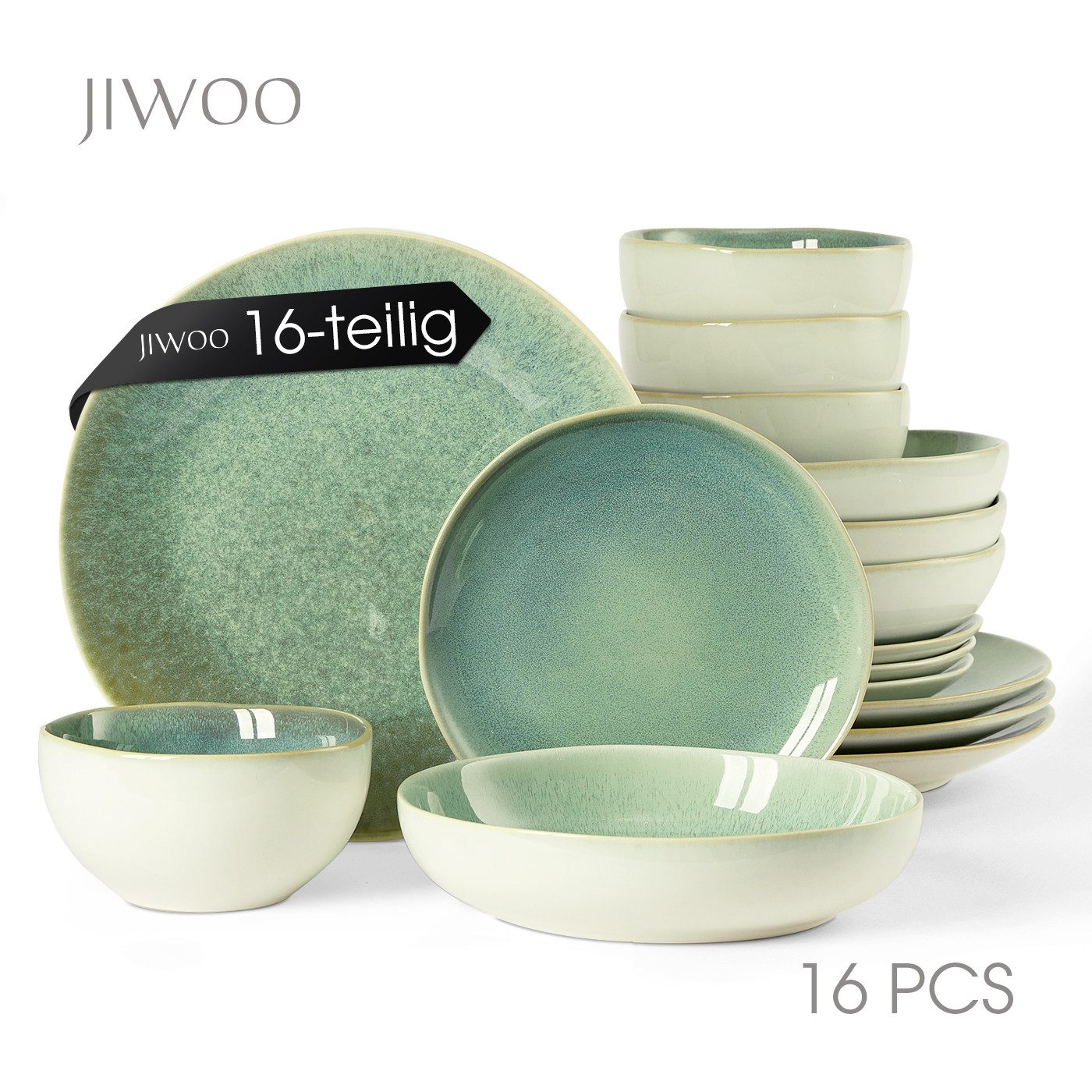 JIWOO Geschirr-Set 16er,Kombiservice,Tafelservice,Teller-Sets,Geschirr-Frühstückssets (16-tlg), 4 Personen, Keramik, Keramik,glänzende Reaktivglasur,Mikrowellen-und spülmaschinenfest