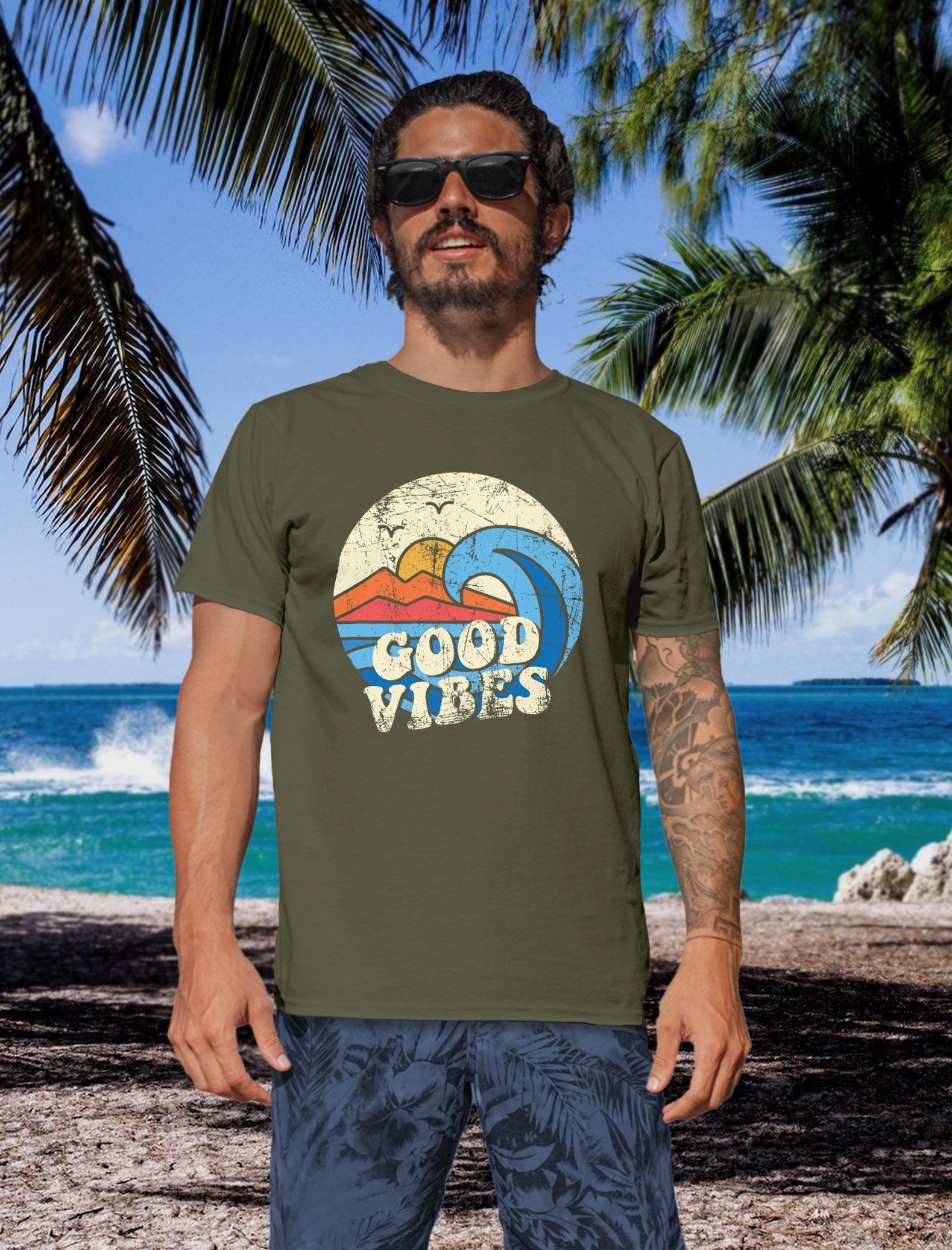Neverless Print-Shirt Herren T-Shirt Good Vibes Welle Hippie Slogan Statement Surf Design mit Print