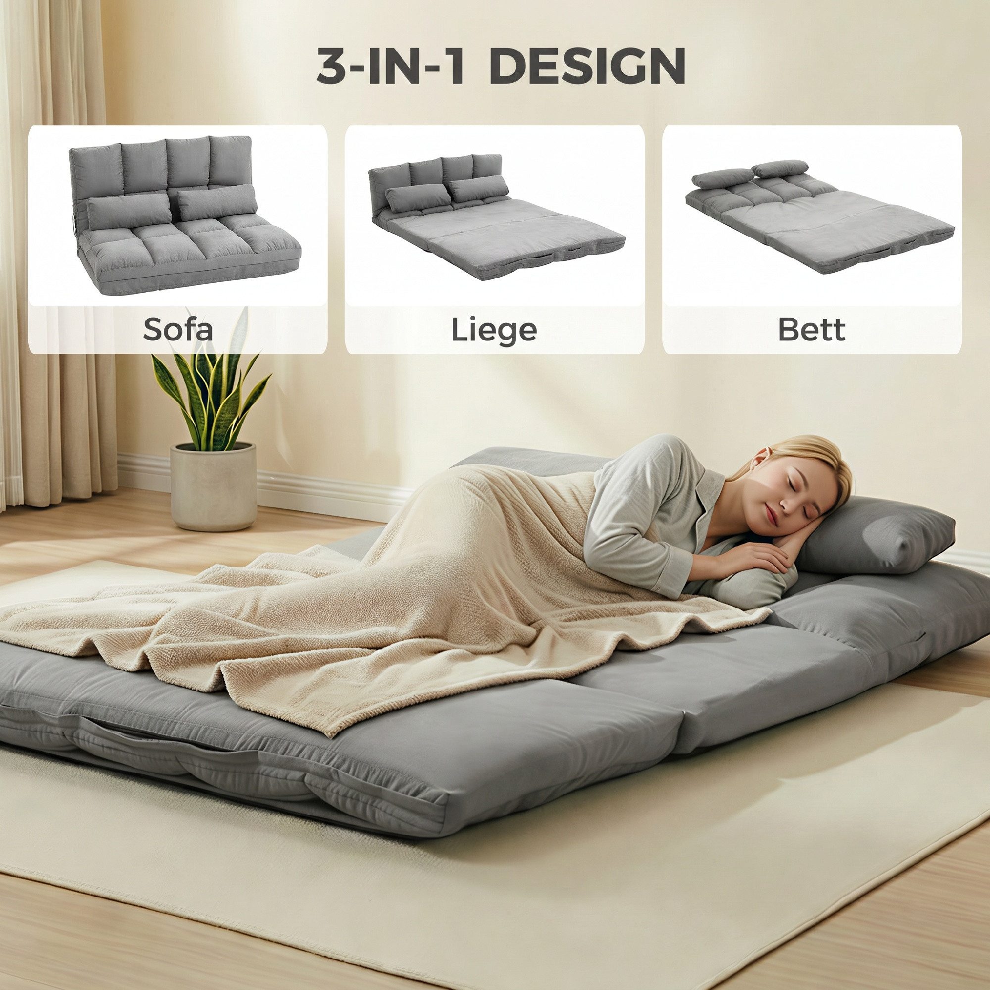 HOMCOM Relaxsessel Bodenstuhl Bodensessel mit Liegefunktion VerstellbarerRückenlehne (Klappbett, 1-St., 2-in-1 Bodensessel), für Schlafzimmer, Wohnzimmer, Grau – Bild 5 von 5