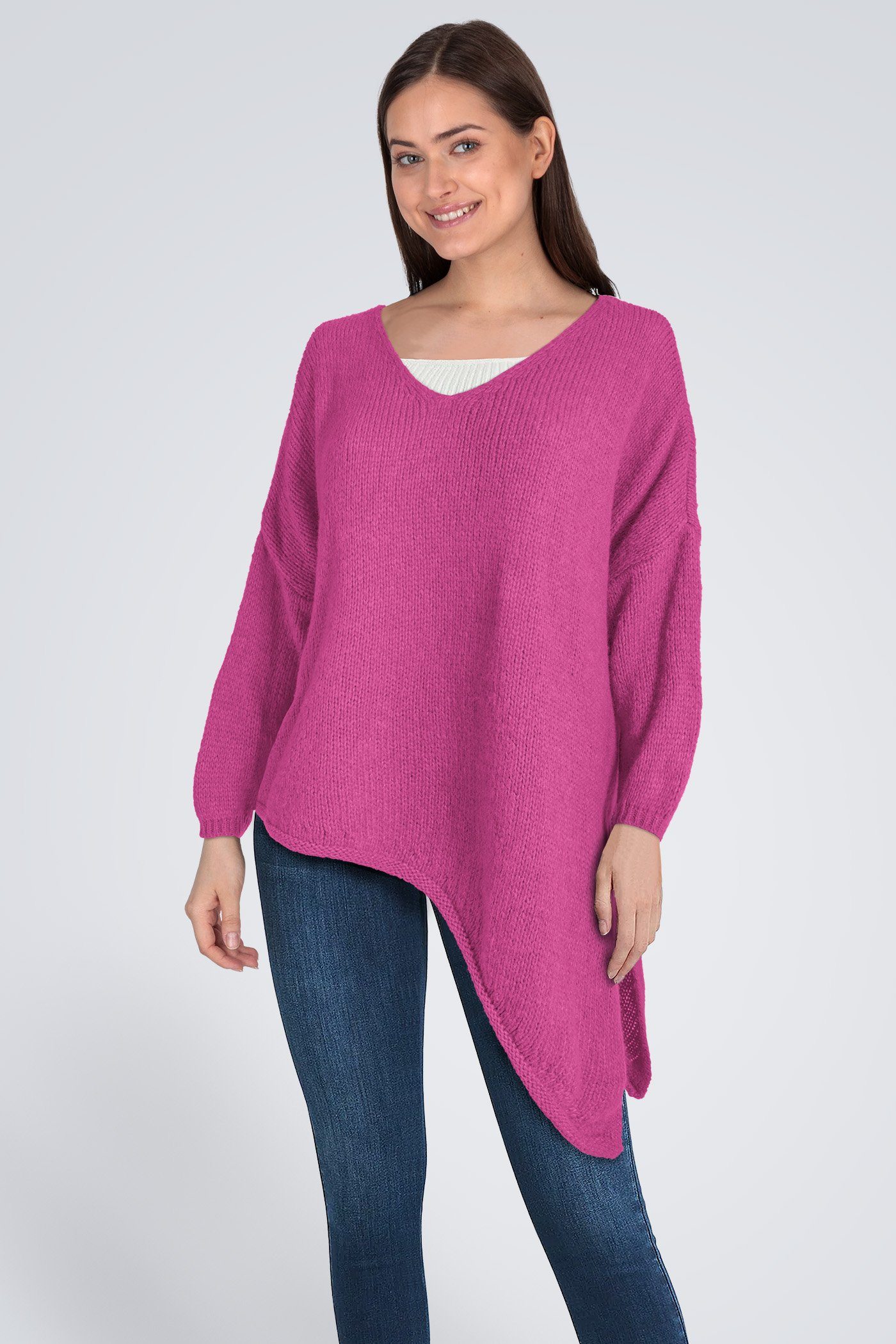 PEKIVESSA Strickpullover Asymmetrischer Grobstrick-Pullover oversized Damen (1-tlg) V-Ausschnitt langarm pink