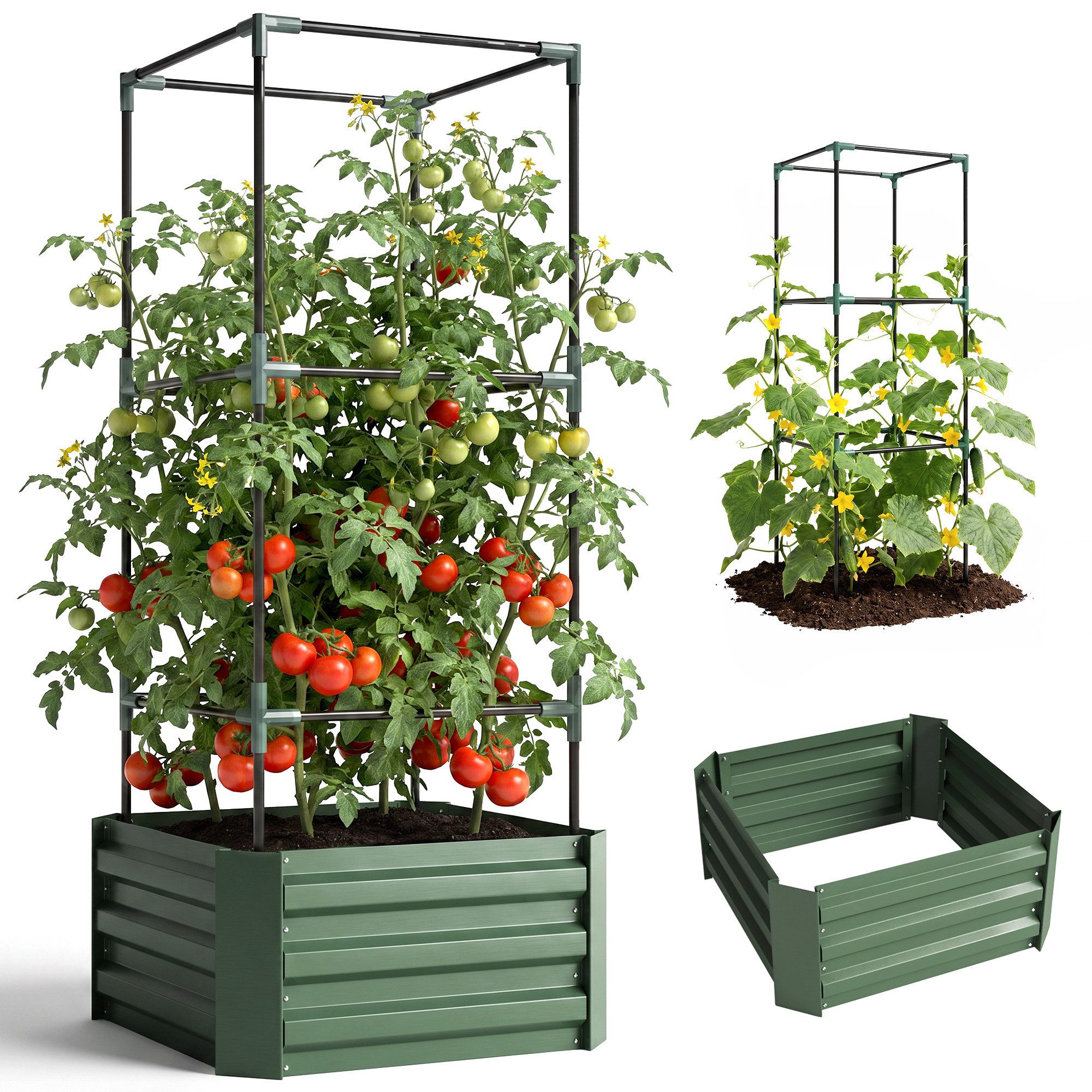Outsunny Hochbeet Blumenkasten höhenverstellbar mit Rankhilfe, Pflanzkasten (Gemüsebeet, 1 St., Kräuterbeet), für Garten, Balkon, Verzinkter Stahl, Grün, 61 x 6 – Bild 2 von 5