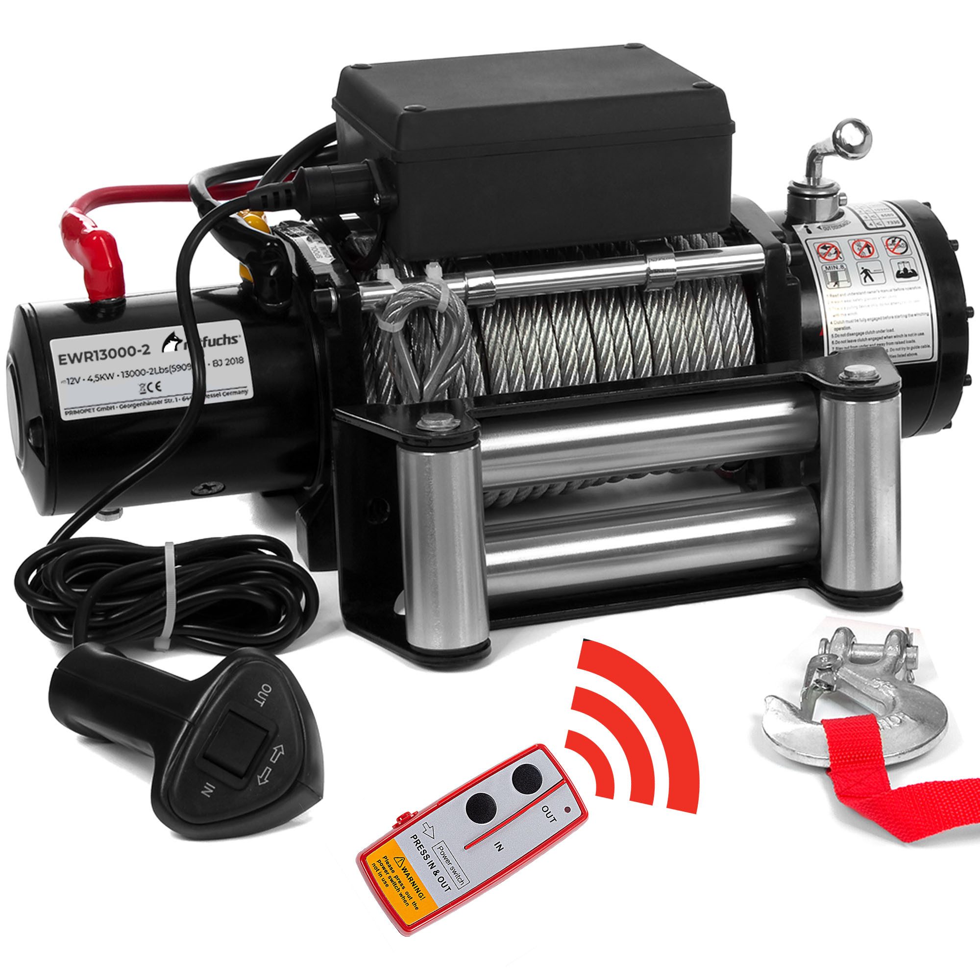 Rotfuchs Seilwinde, 12v mit Funkfernbedienung, 5909 kg Zugkraft, 6 PS Power Bergewinde